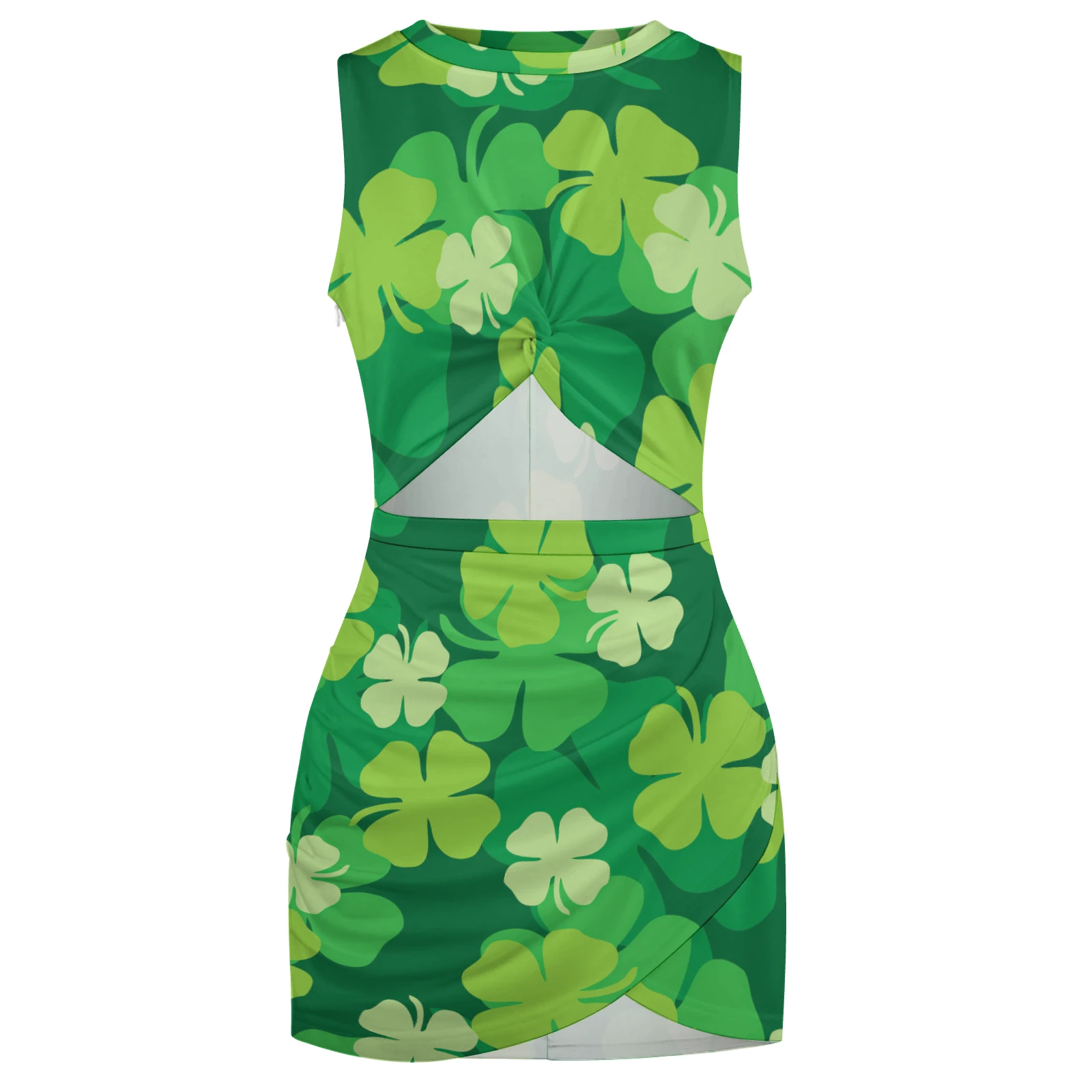 Women's Twist Front Cutout Bodycon Dress in Green Clover Scatter print – Front view