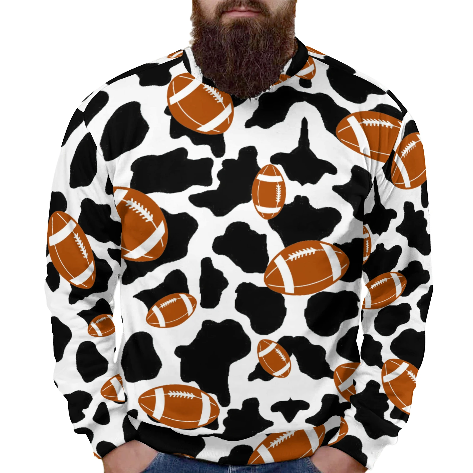Men's Crew Neck Sweatshirt in Footballs And Cow Spots print – front view on model
