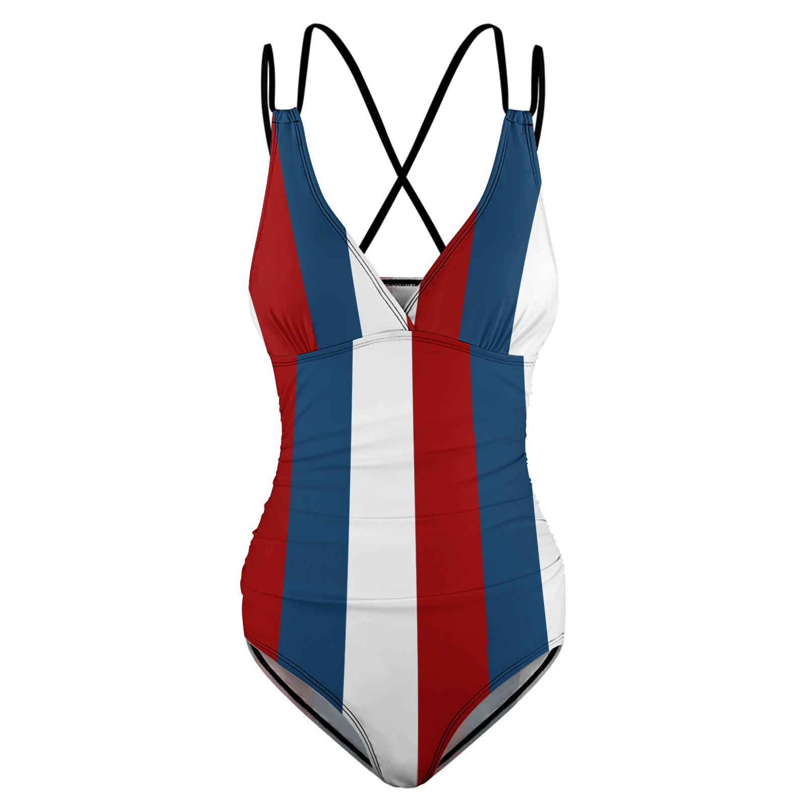 Women's V-Neck Double-Strap One-Piece Swimsuit in Tricolor Vertical Stripes print – front product view