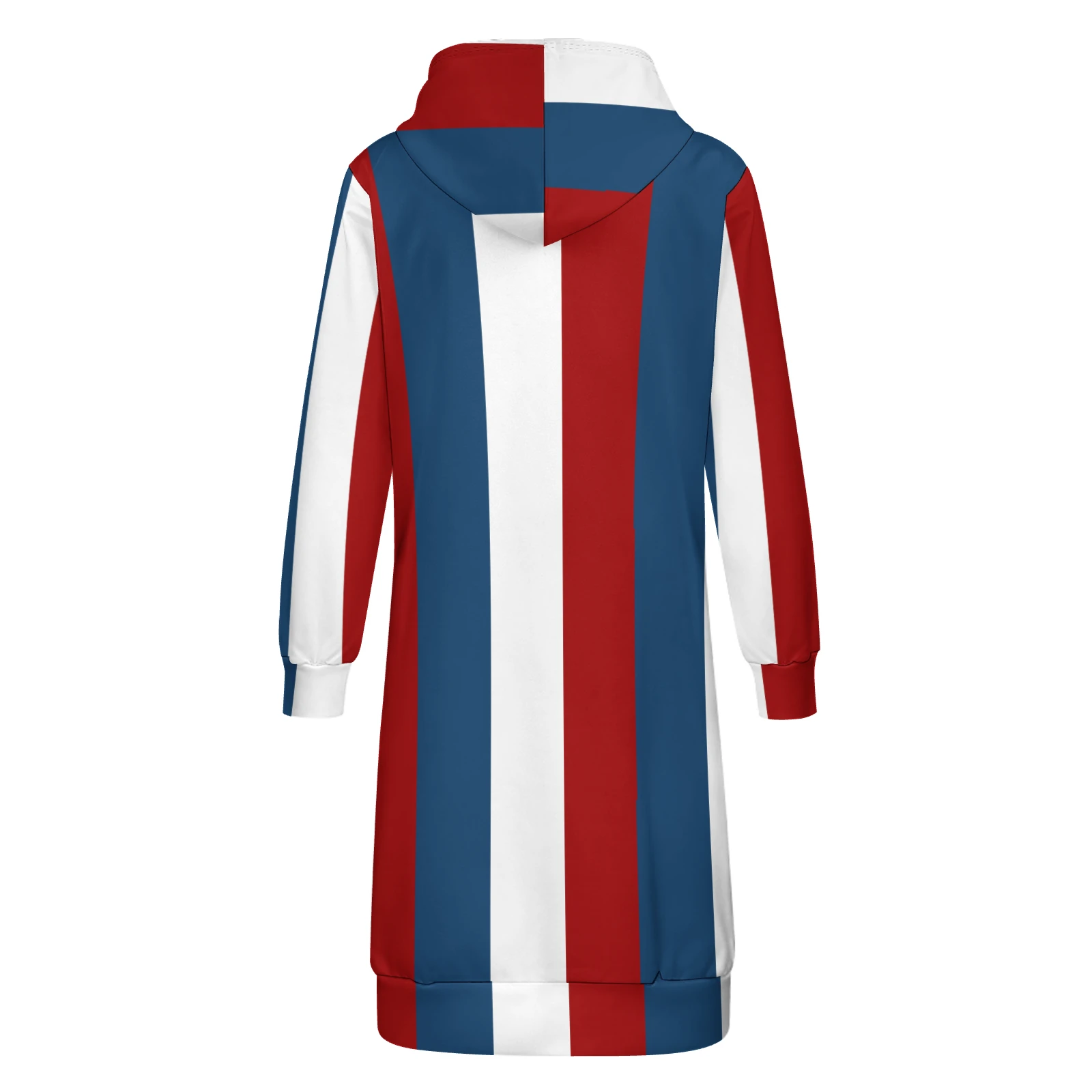 Women's Longline Full Zip Hoodie in Tricolor Vertical Stripes print – back product view