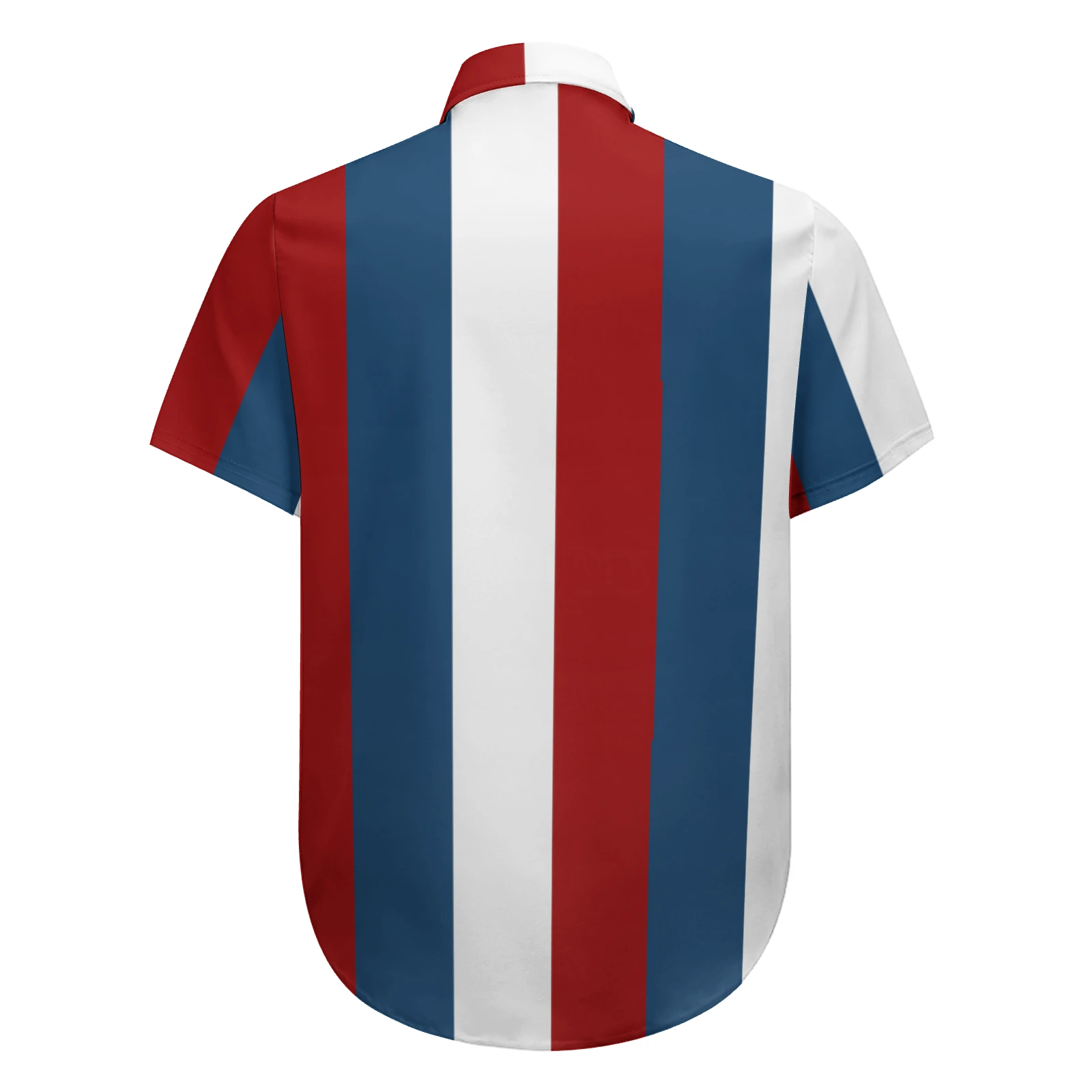 Men's Short Sleeve Button-Up Shirt in Tricolor Vertical Stripes print – back view