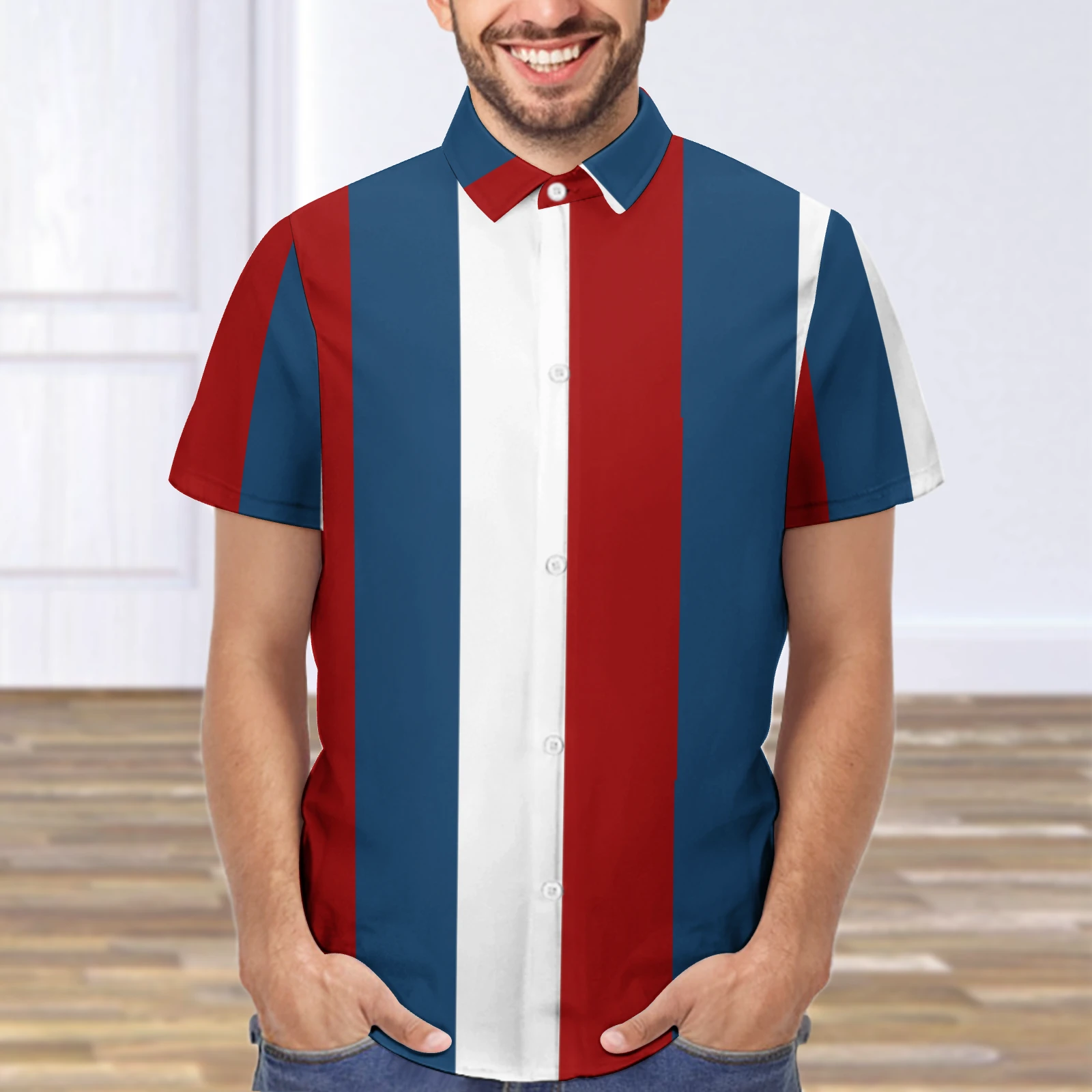 Men's Short Sleeve Button-Up Shirt in Tricolor Vertical Stripes print – indoor model front view