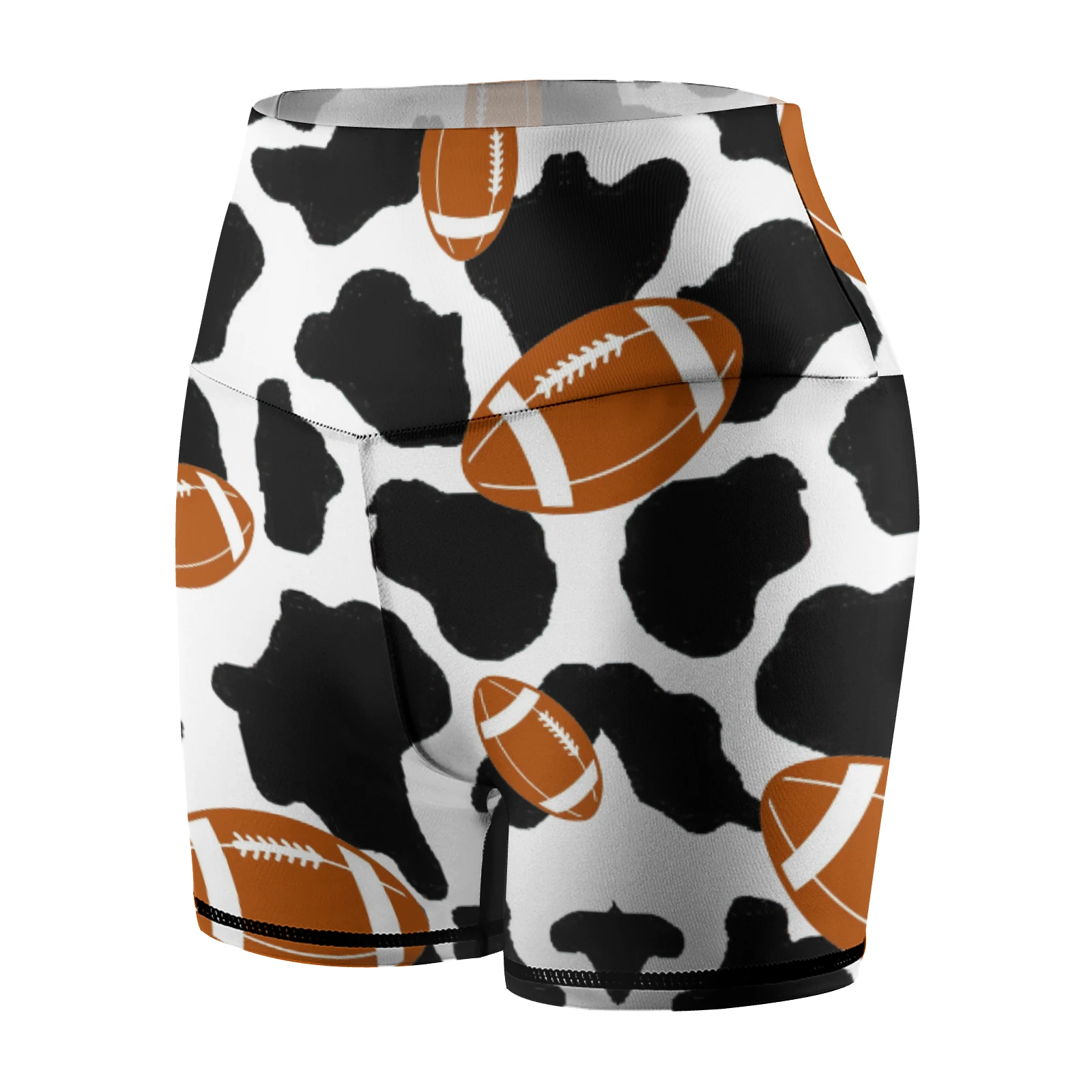 Women's High-Waist Yoga Shorts in Footballs And Cow Spots print – angled front product view