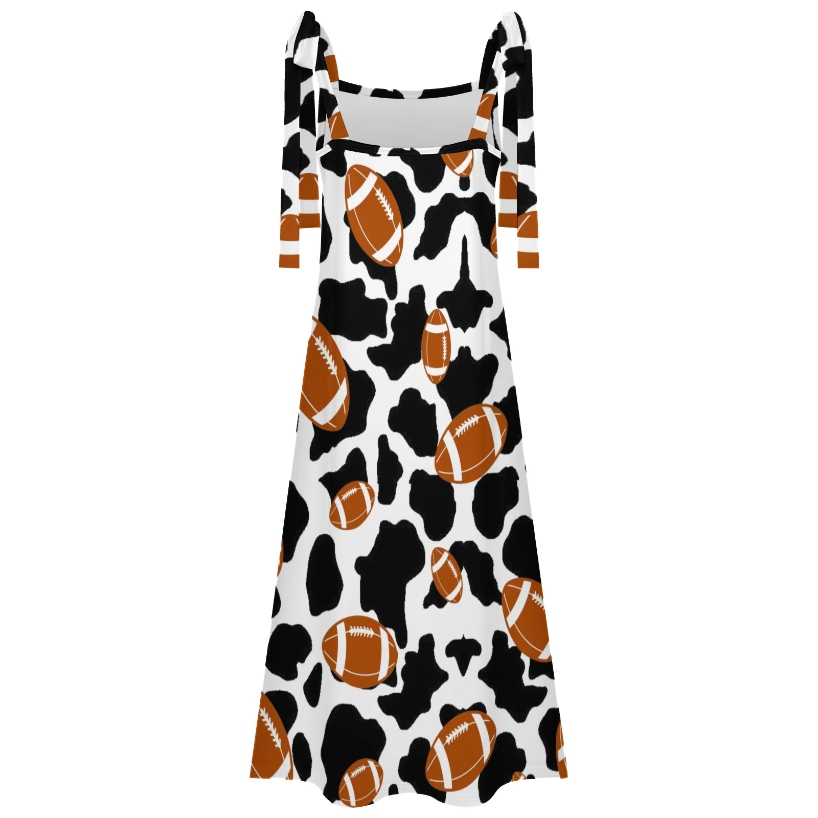 Women's Tie-Shoulder Maxi Dress in Footballs And Cow Spots print – angled product view