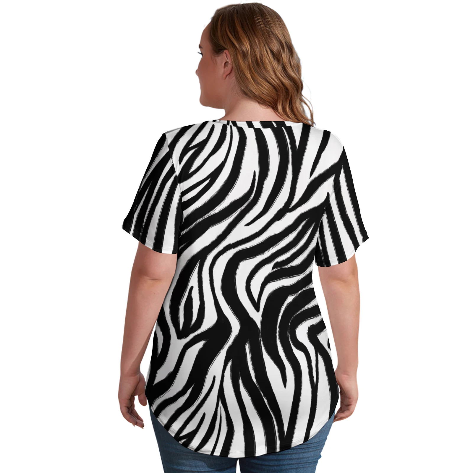 Women's V-Neck Short Sleeve Tee in Bold Zebra Stripes print – back view on model