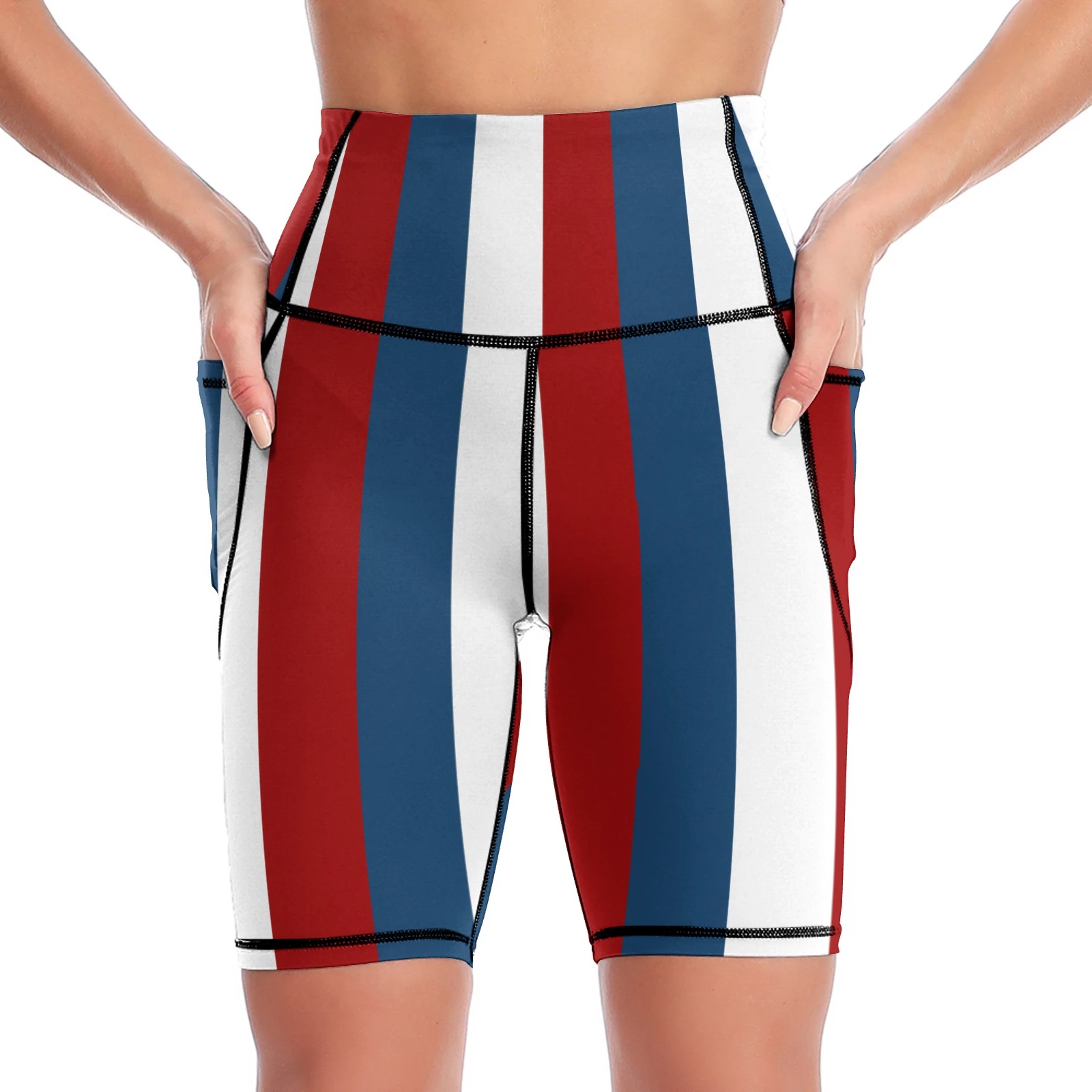 Women's High-Waist Bike Shorts with Pockets in Tricolor Vertical Stripes print – front view