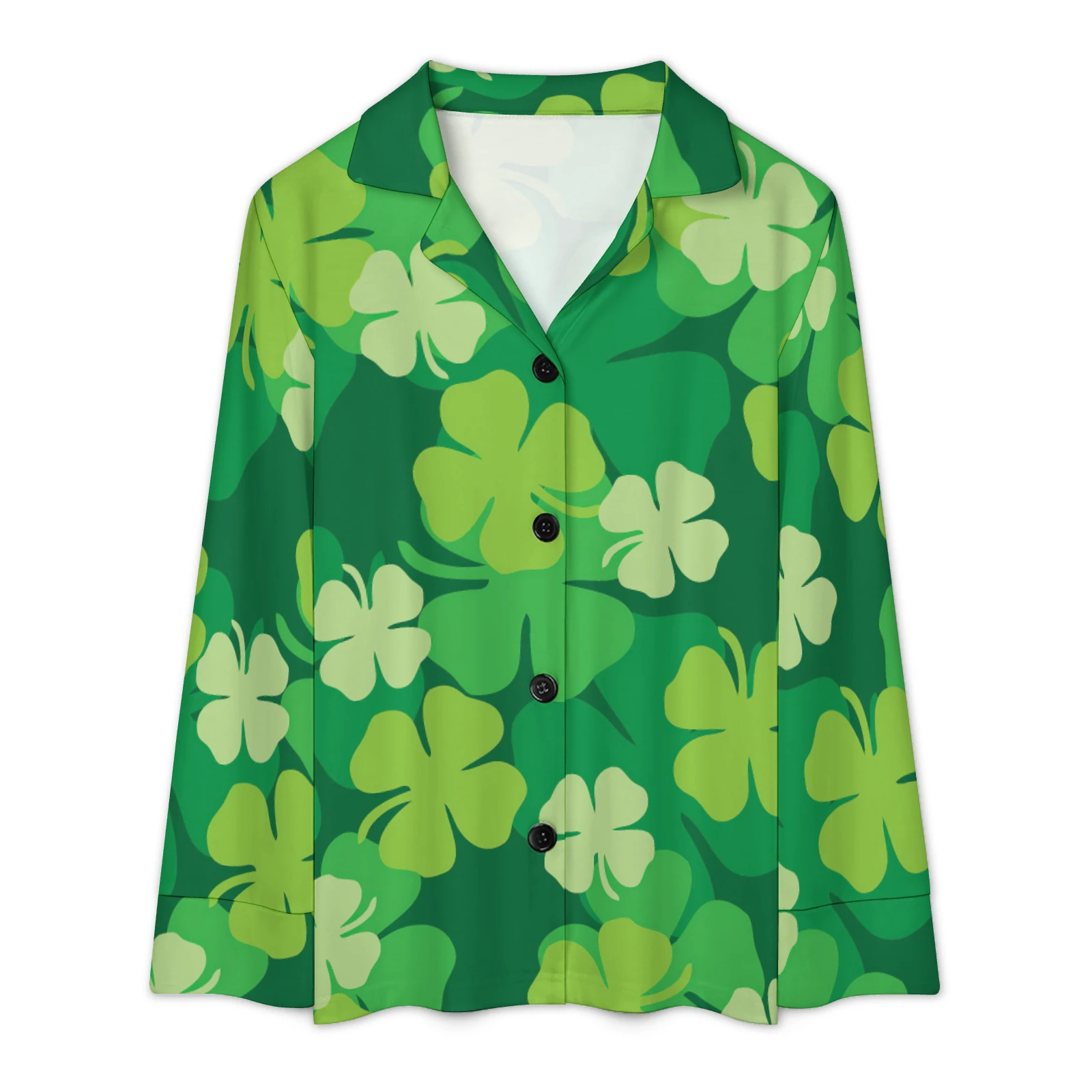 Women's Long Sleeve Button-Up Pajama Set in Green Clover Scatter print – top front view