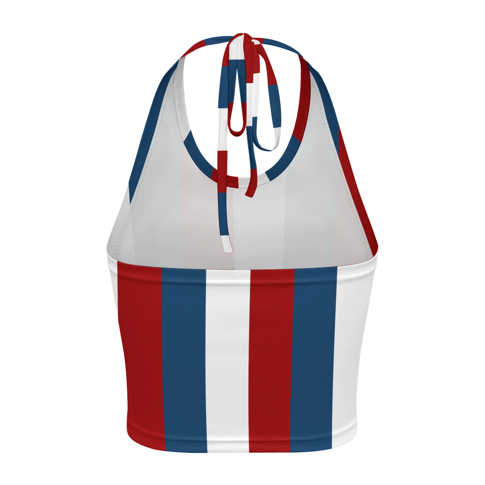Women's Halter Tie Crop Top in Tricolor Vertical Stripes print – back product view