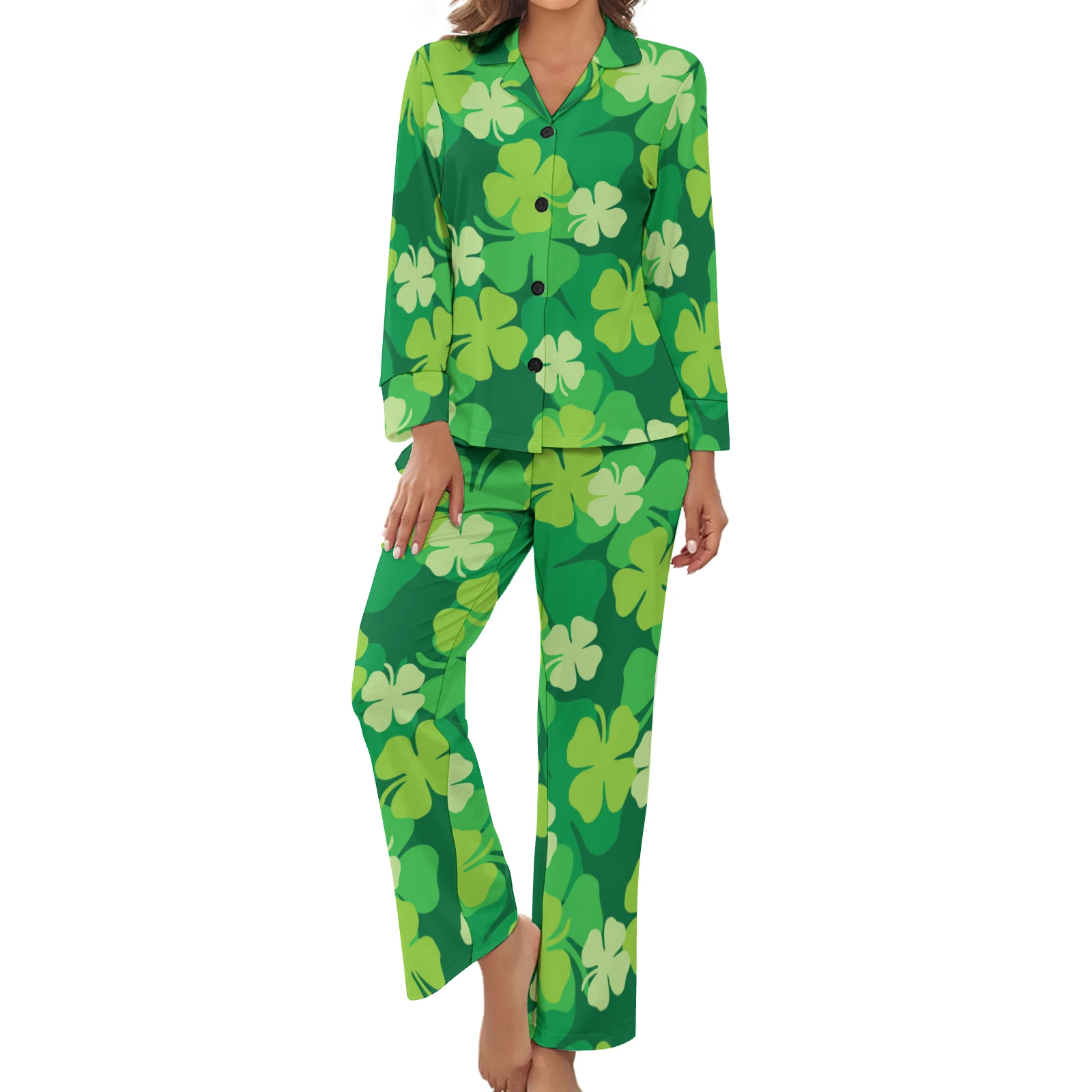 Women's Long Sleeve Button-Up Pajama Set in Green Clover Scatter print – front view