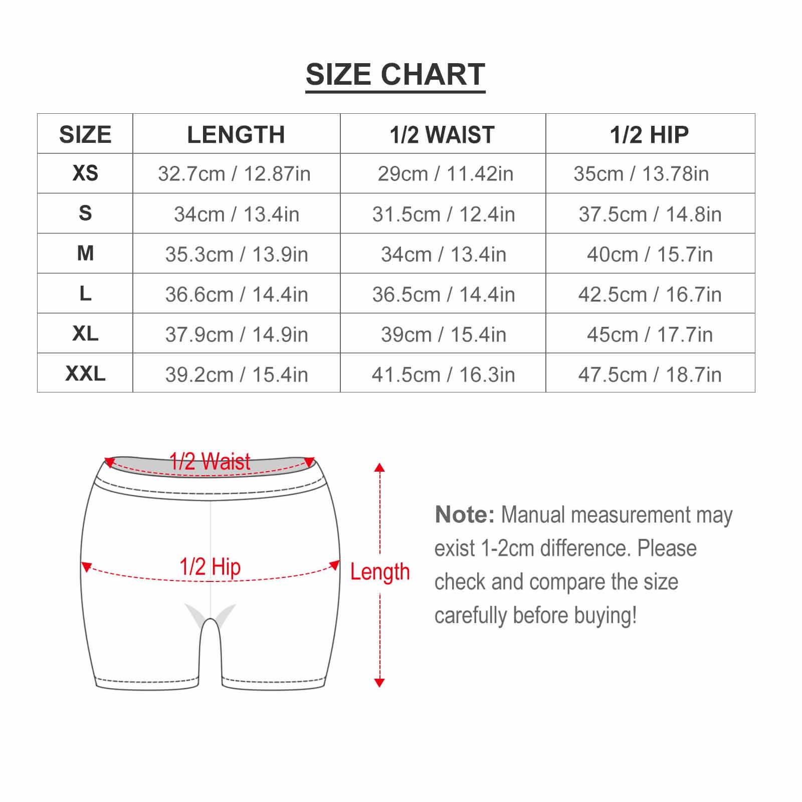 Women's High-Waist Yoga Shorts – size chart