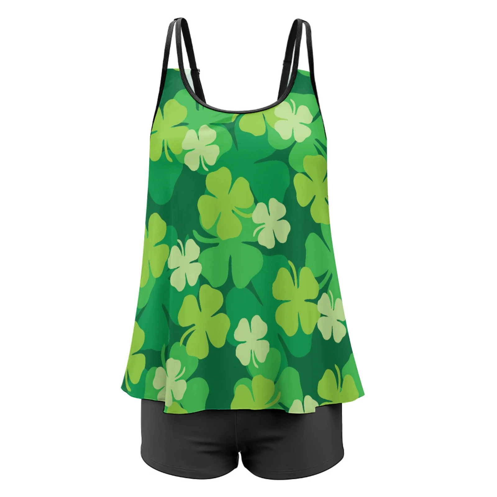 Women's Strappy Flowy Tankini Set in Green Clover Scatter print – front product view