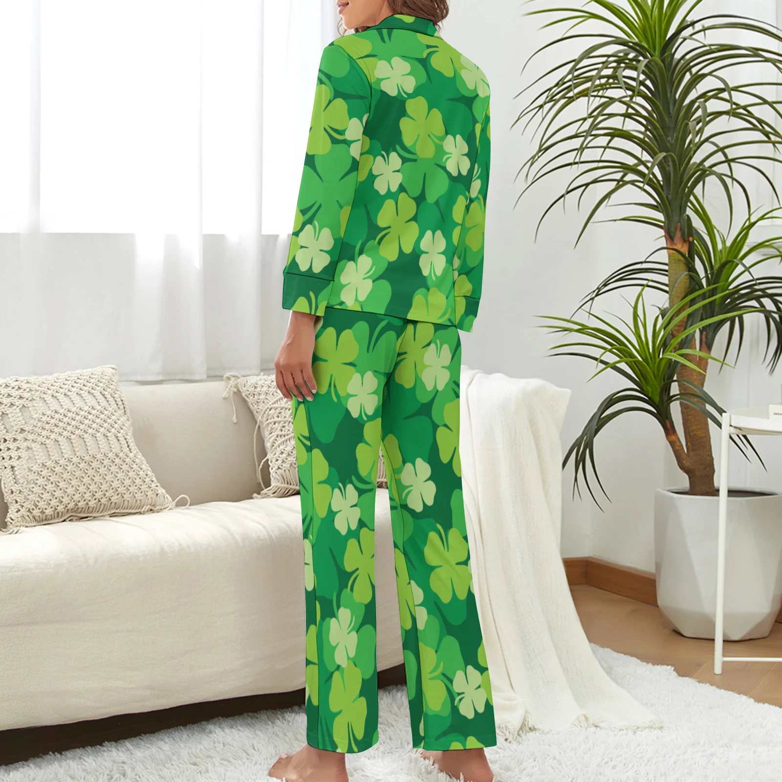 Women's Long Sleeve Button-Up Pajama Set in Green Clover Scatter print – back lifestyle view
