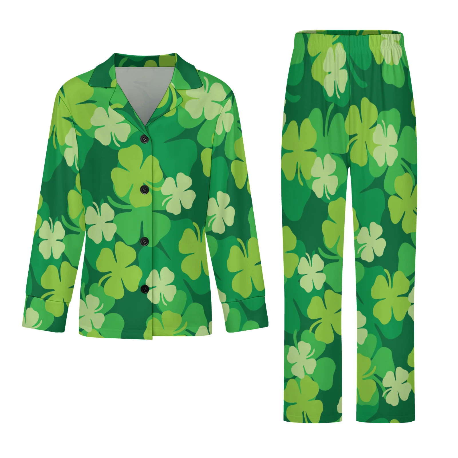 Women's Long Sleeve Button-Up Pajama Set in Green Clover Scatter print – front set view