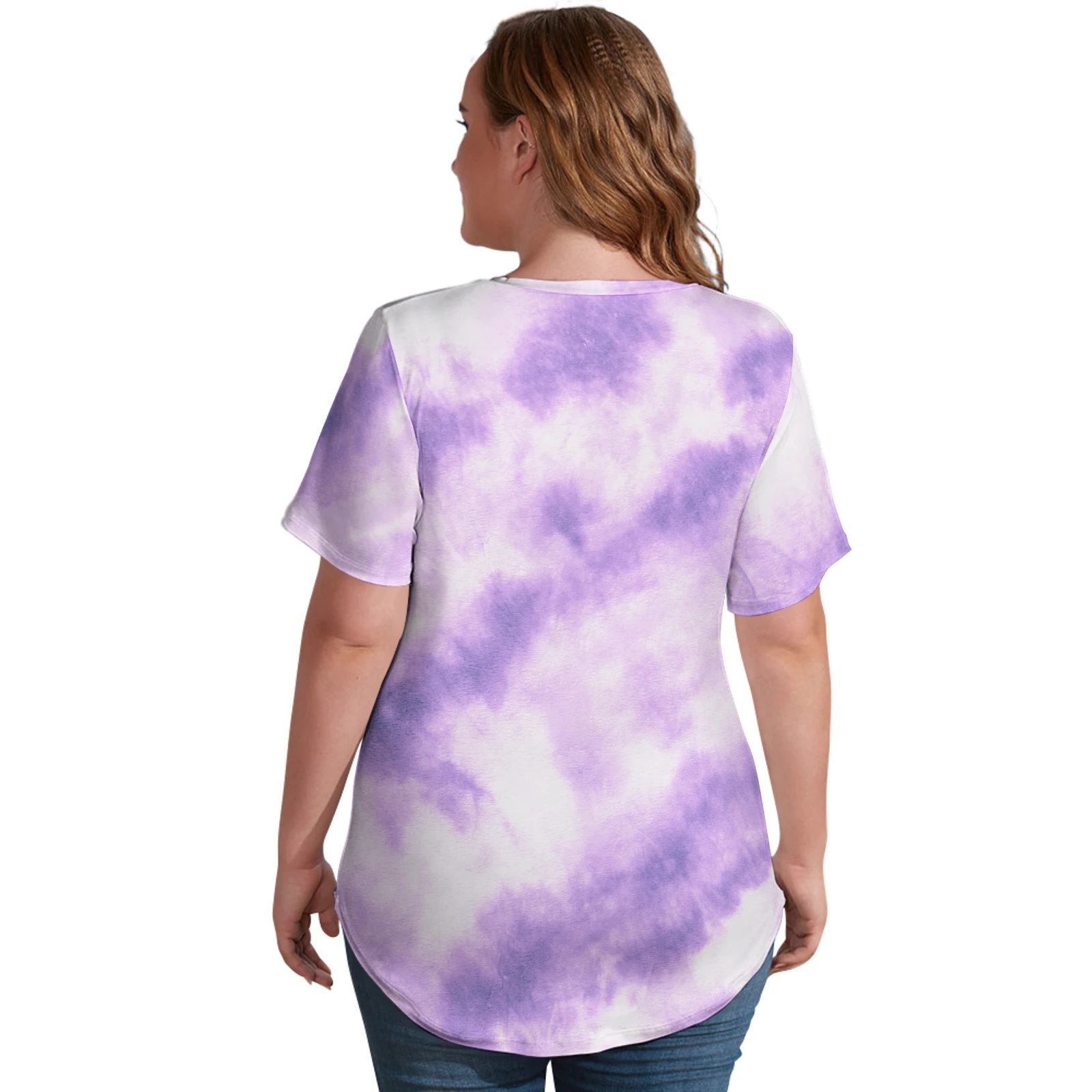 Women's V-Neck Short Sleeve Tee in Lavender Tie-Dye print – back view