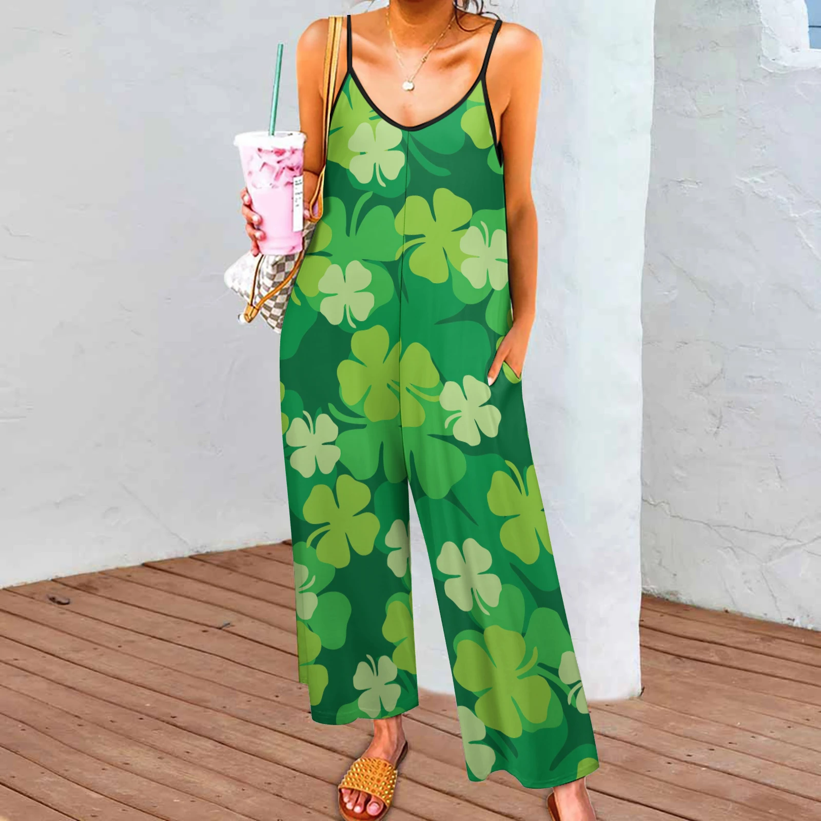 Women's Wide Leg Cami Jumpsuit in Green Clover Scatter print – lifestyle shot