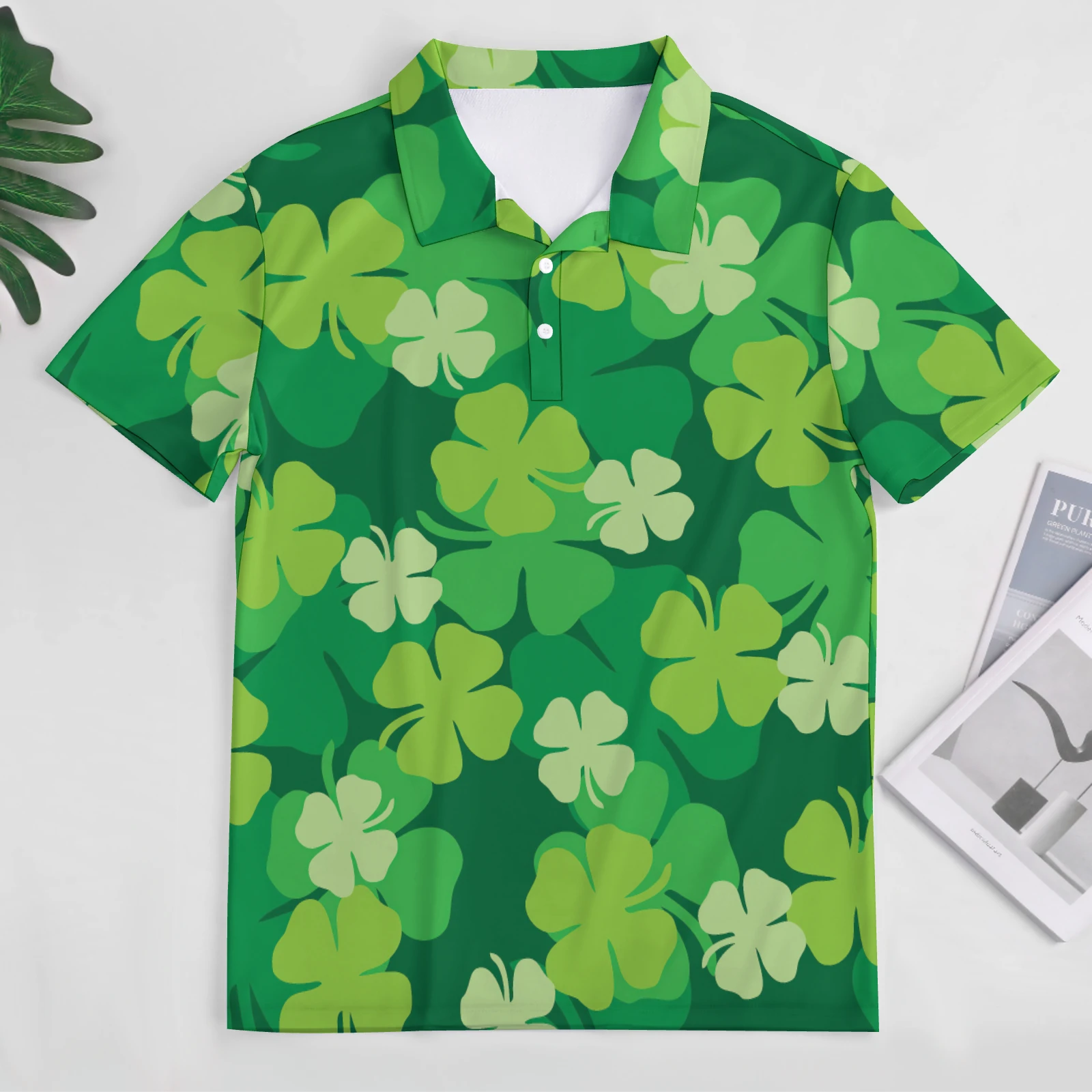 Men's Short Sleeve Polo Shirt in Green Clover Scatter print – front flat lay