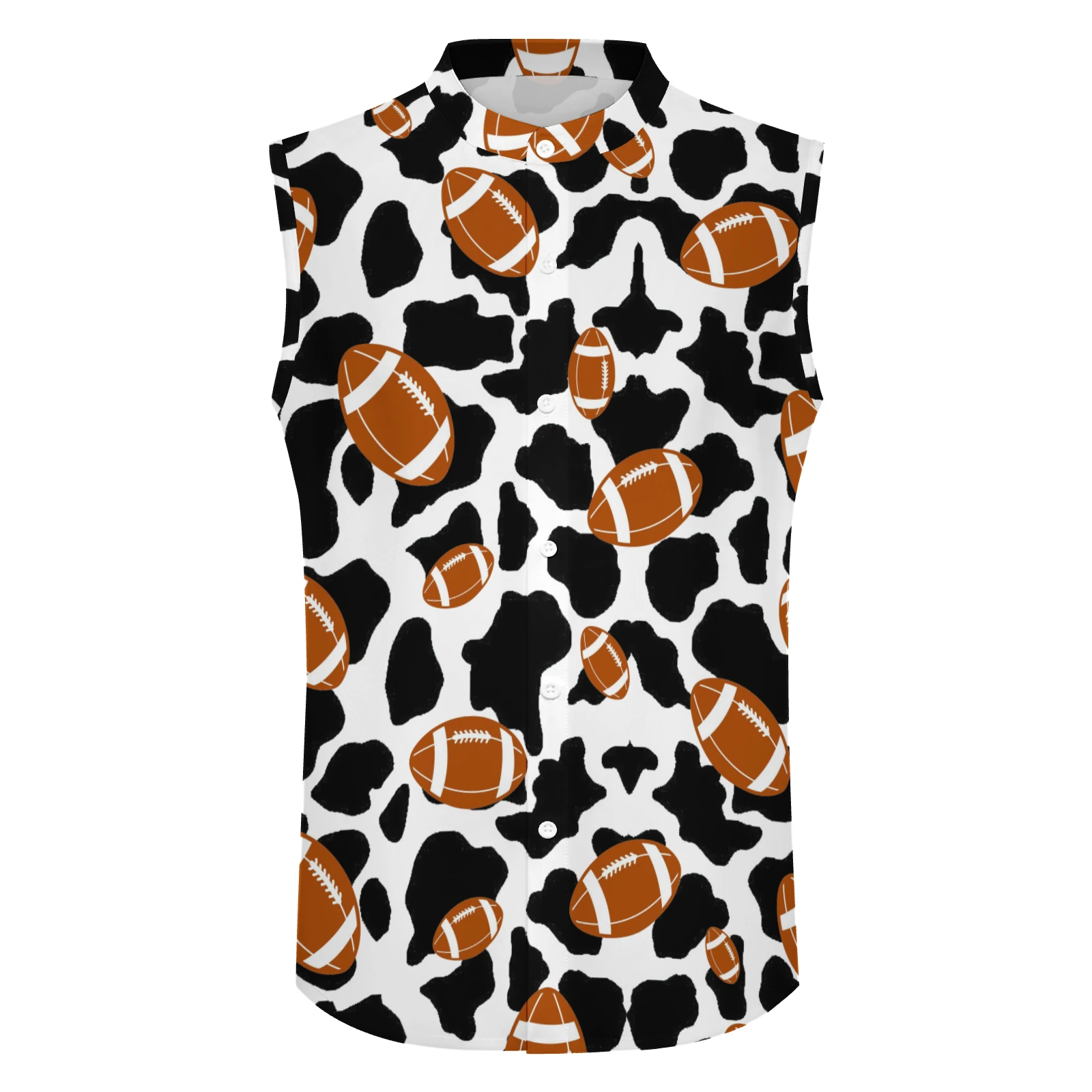 Men's Sleeveless Button-Up Shirt in Footballs And Cow Spots print – front view