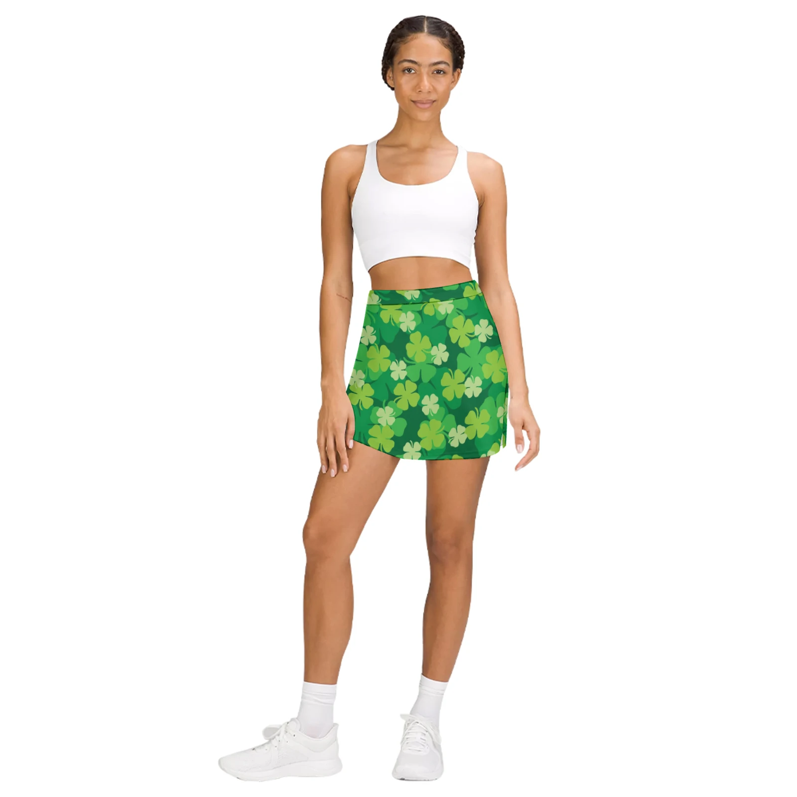 Women's Wrap Front Skort with Phone Pocket in Green Clover Scatter print – Full-length front view