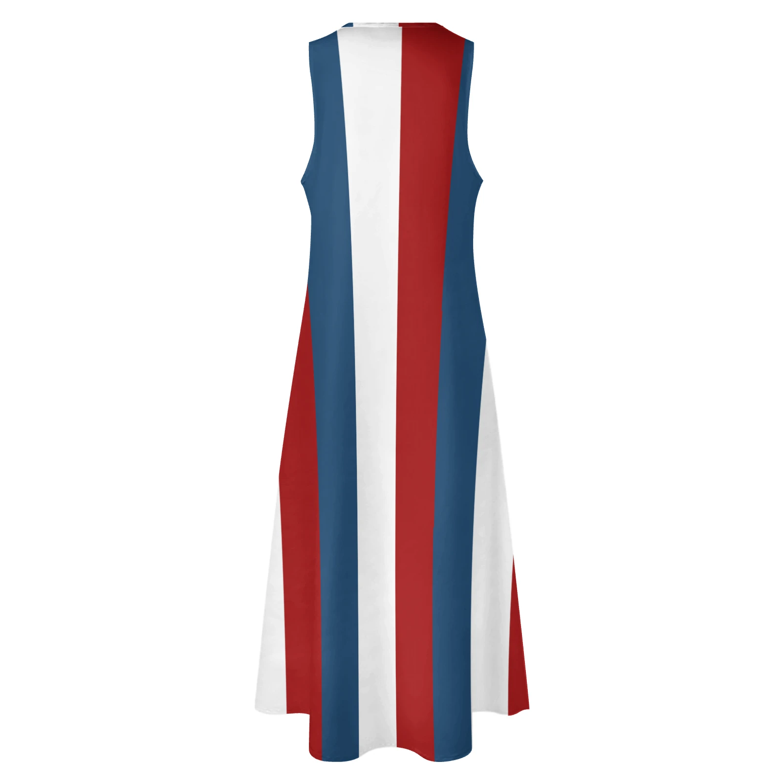 Women's Sleeveless Notched-Neck Maxi Dress in Tricolor Vertical Stripes print – back view