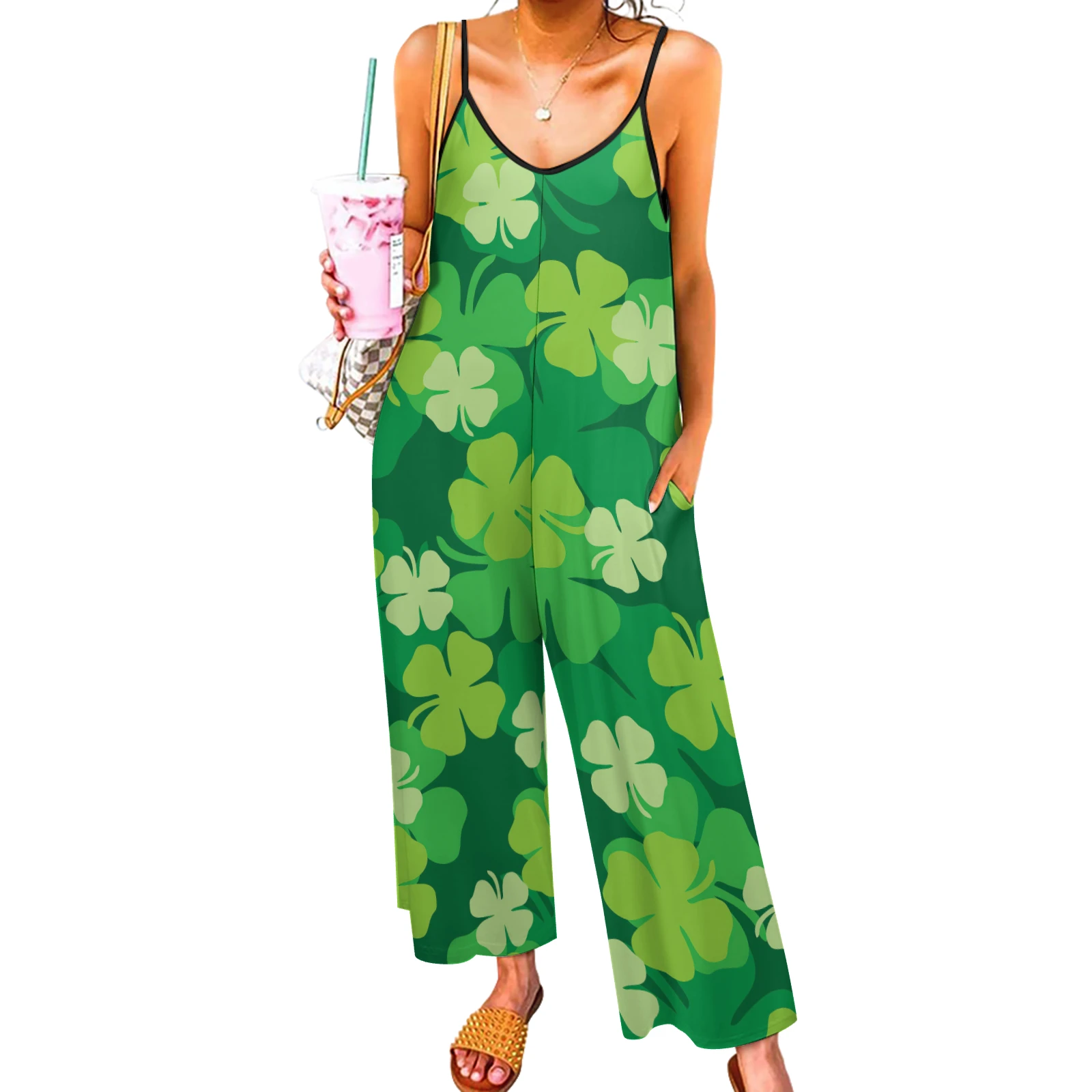 Women's Wide Leg Cami Jumpsuit in Green Clover Scatter print – front view on model