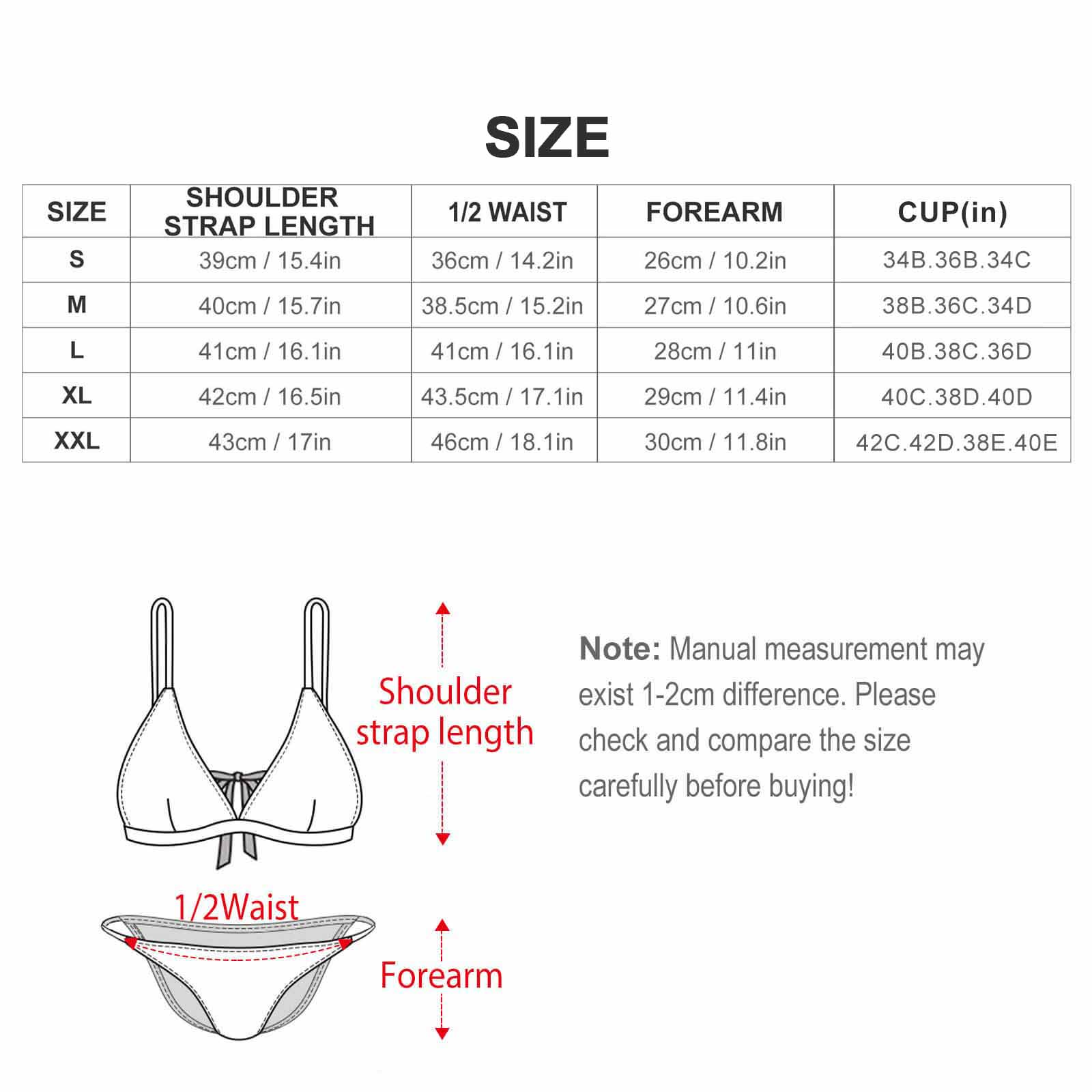 Women's Adjustable Strap Triangle Bikini Set – size chart