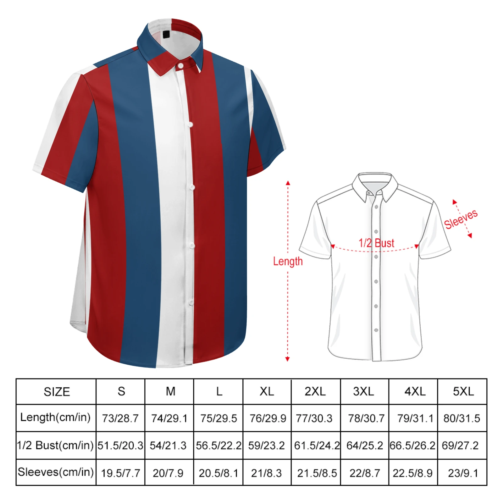 Men's Short Sleeve Button-Up Shirt in Tricolor Vertical Stripes print – angled view with measurements