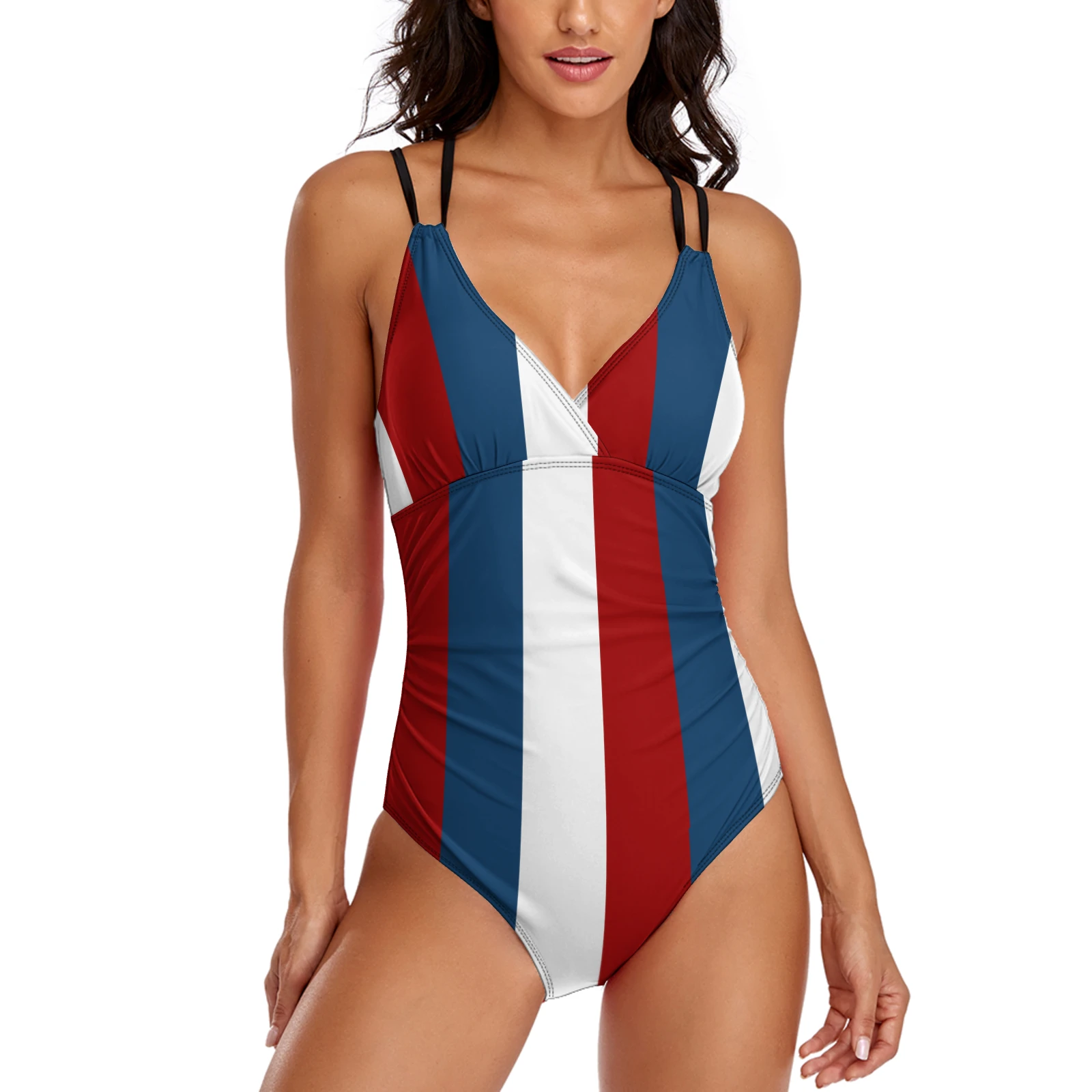 Women's V-Neck Double-Strap One-Piece Swimsuit in Tricolor Vertical Stripes print – front view on model