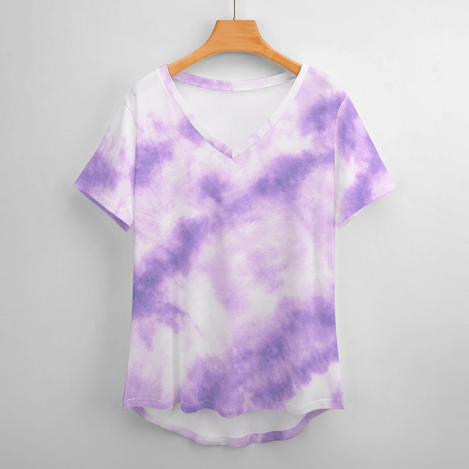 Women's V-Neck Short Sleeve Tee in Lavender Tie-Dye print – front view on a hanger