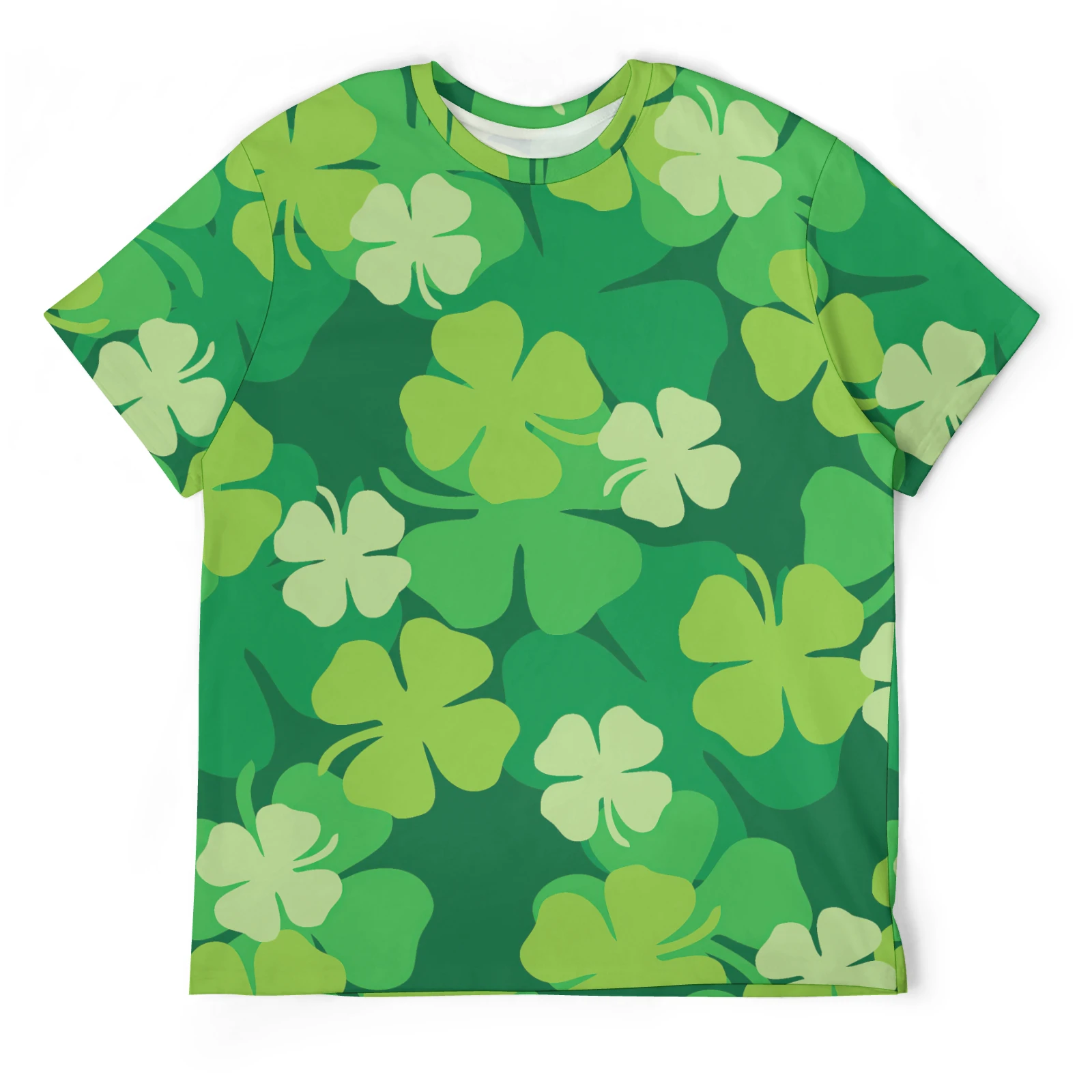 Unisex Crew Neck Short Sleeve Tee in Green Clover Scatter print – flat lay front view