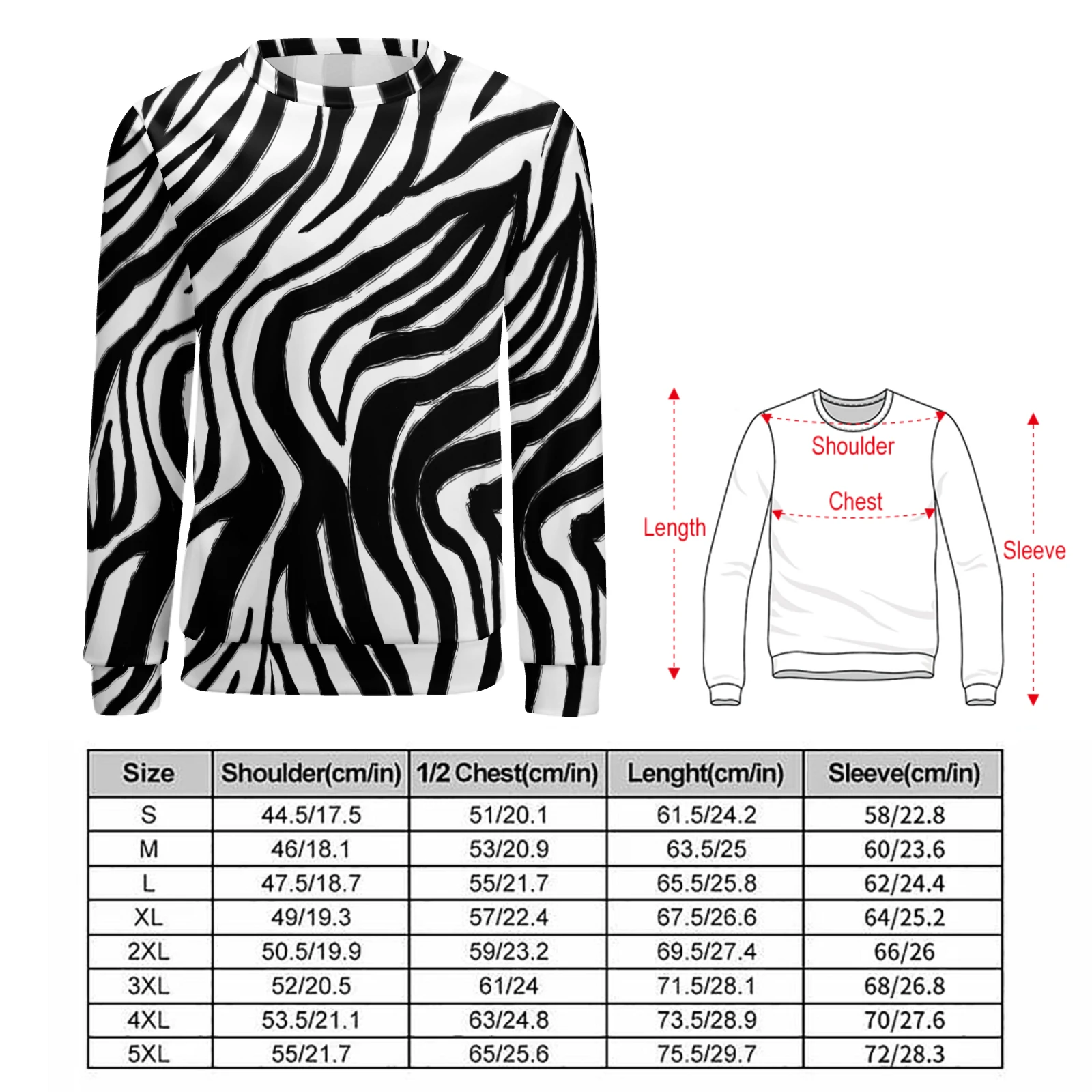 Men's Crew Neck Sweatshirt in Bold Zebra Stripes print – front with size chart