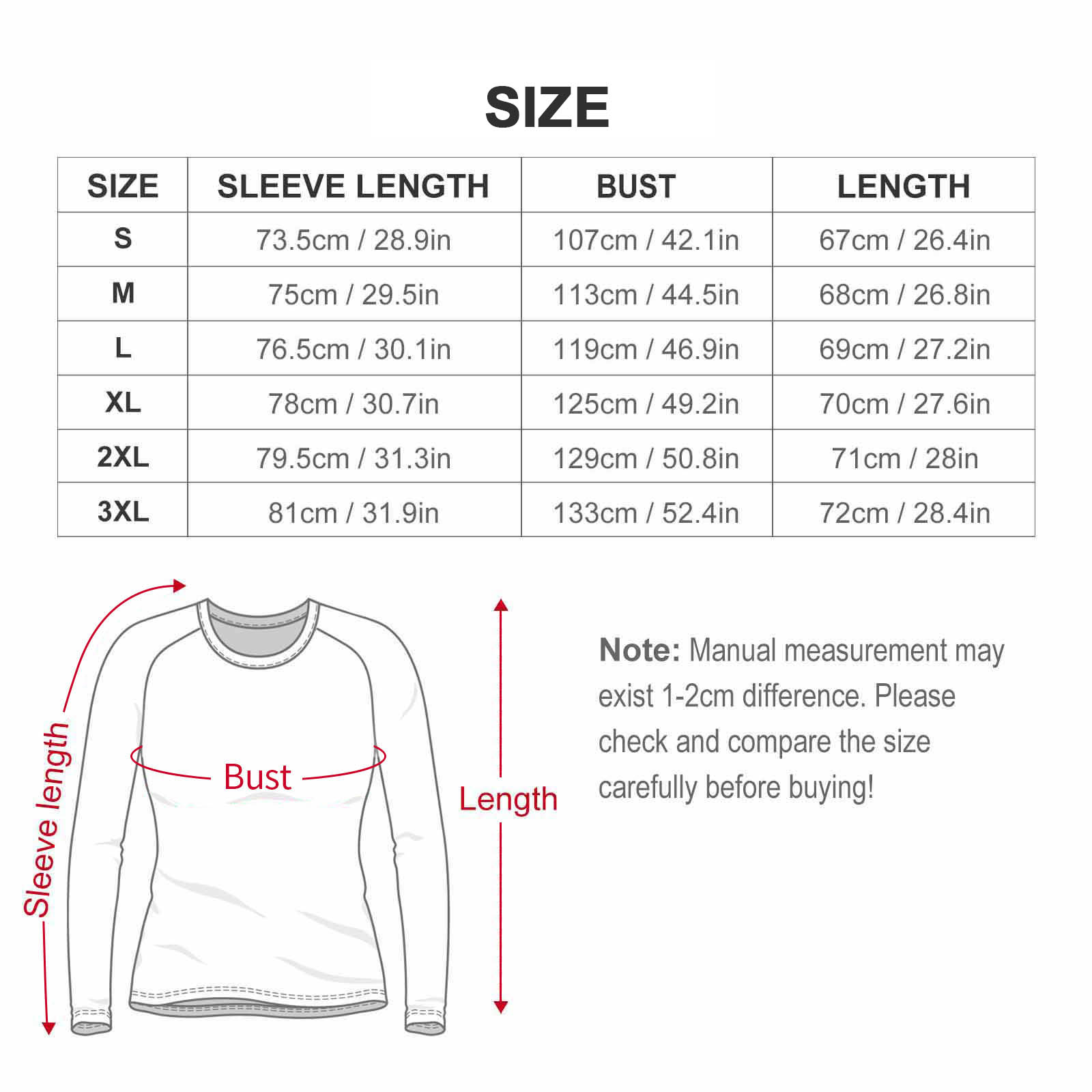 Women's Raglan Crew Neck Sweatshirt – size chart