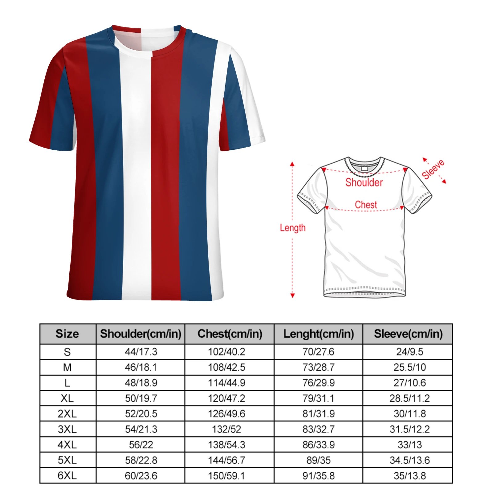 Men's Crew Neck Short Sleeve Tee in Tricolor Vertical Stripes print – front view with size chart