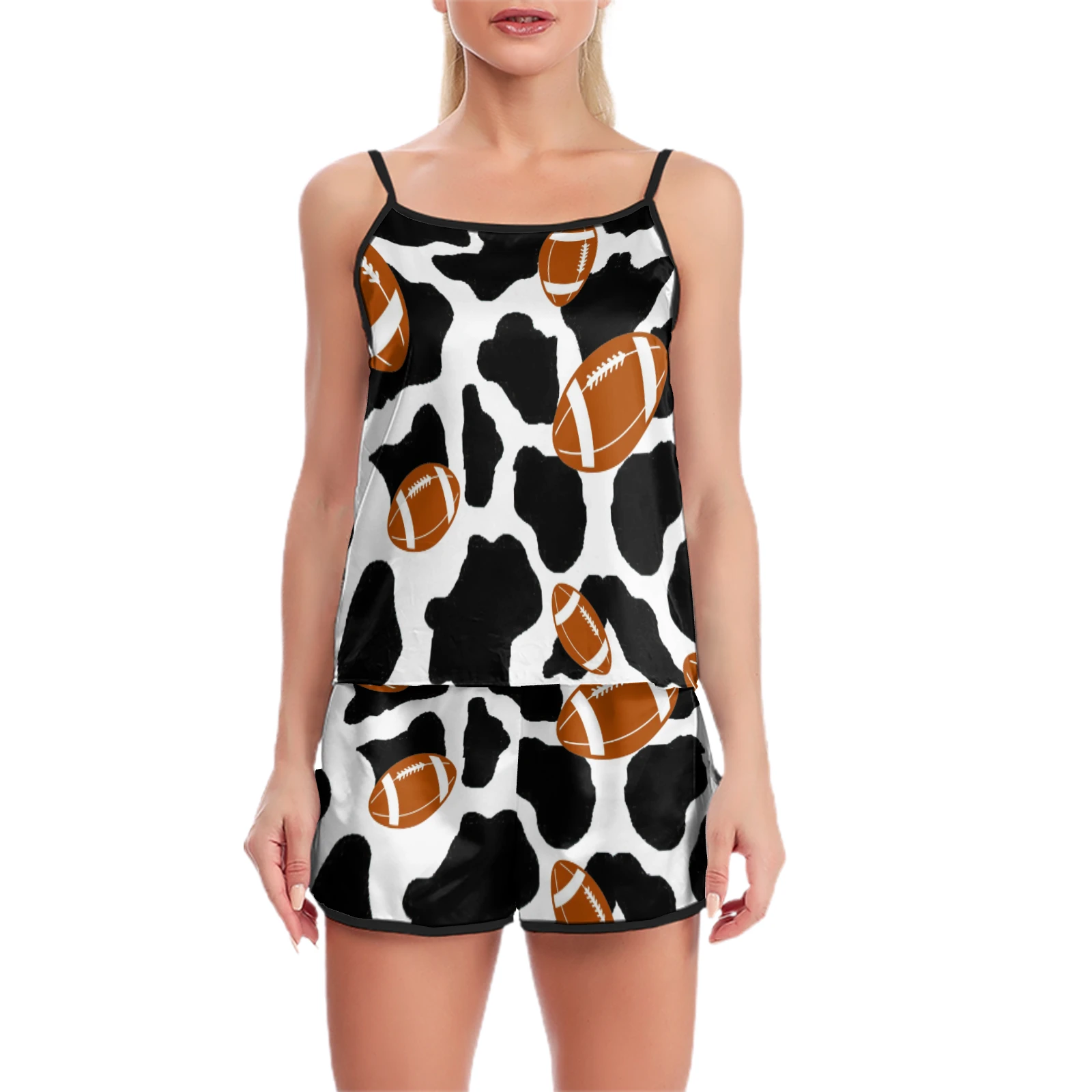 Women's Cami and Shorts Lounge Set in Footballs And Cow Spots print – front view