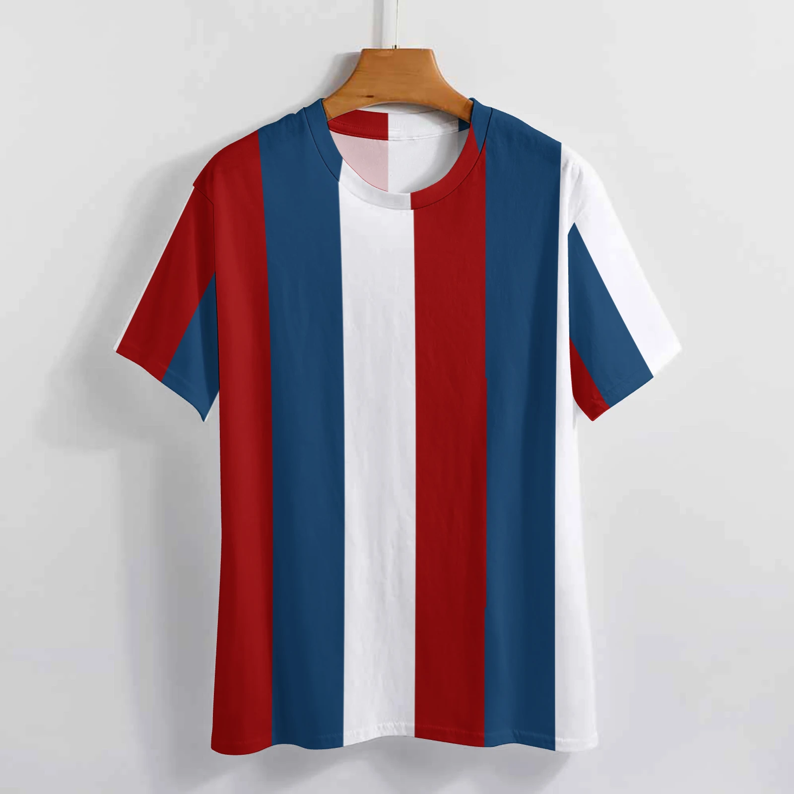 Men's Crew Neck Short Sleeve Tee in Tricolor Vertical Stripes print – front view on hanger