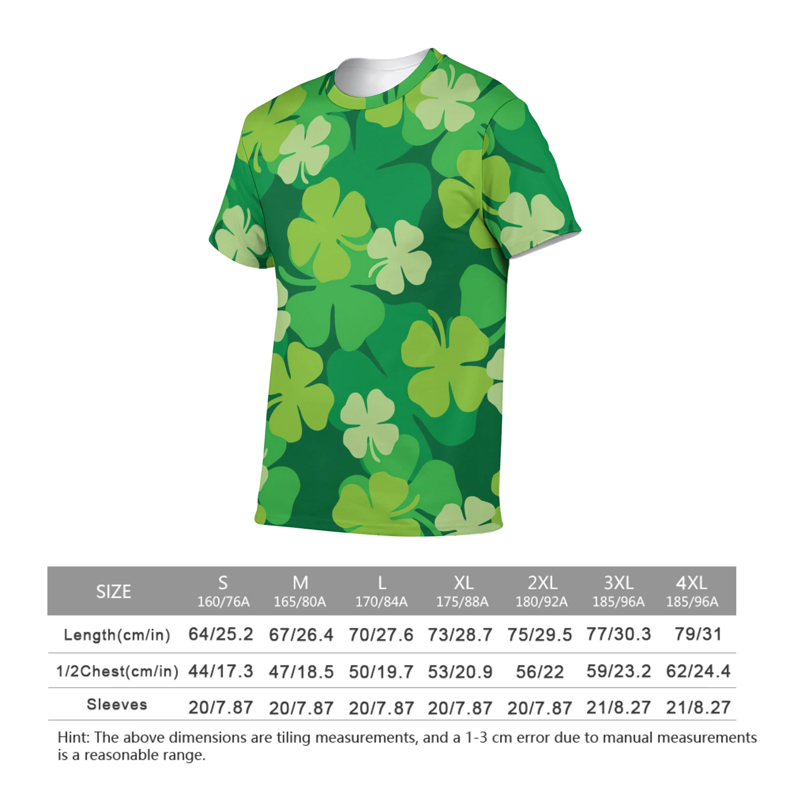 Unisex Crew Neck Short Sleeve Tee in Green Clover Scatter print – angled view with size chart