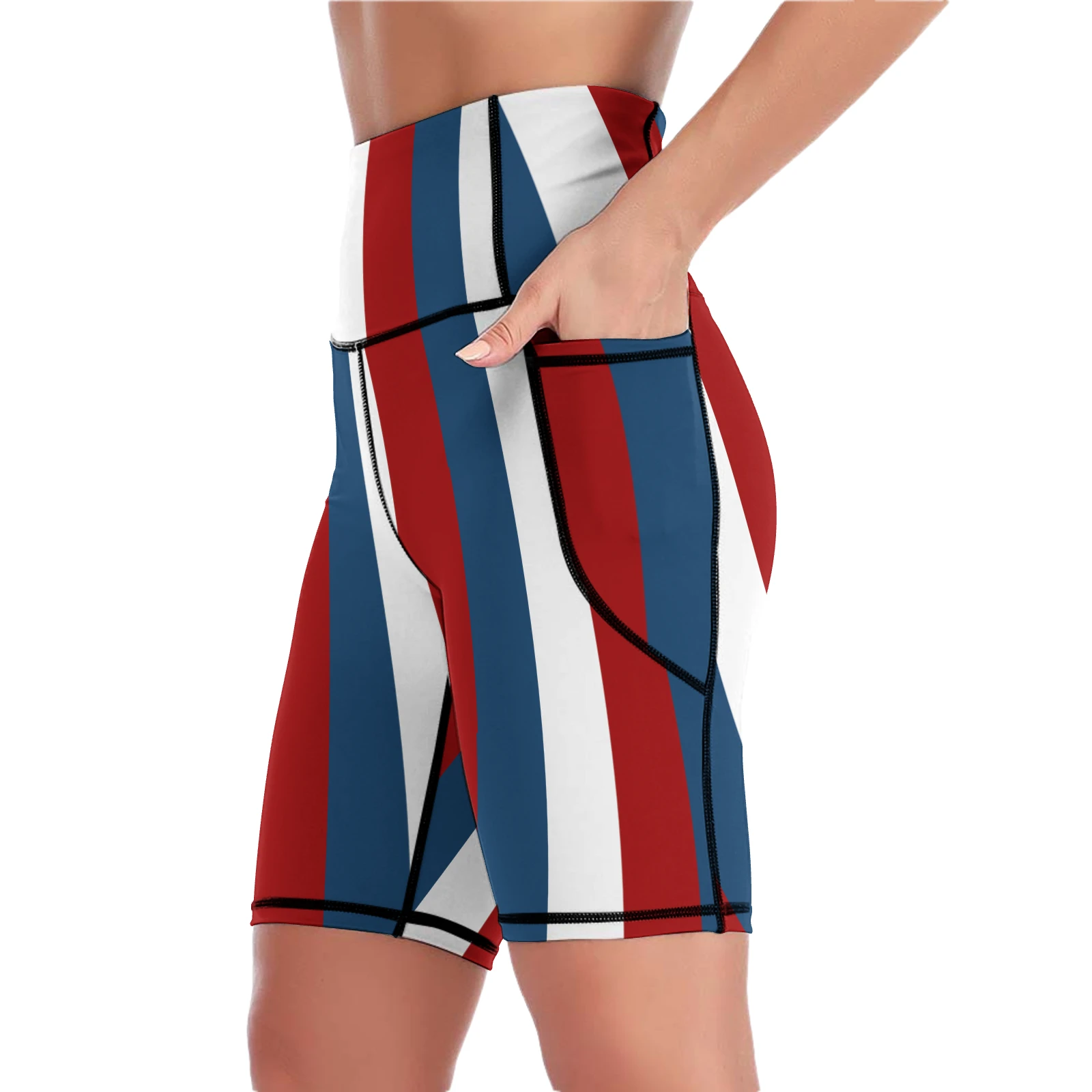 Women's High-Waist Bike Shorts with Pockets in Tricolor Vertical Stripes print – front three-quarter view