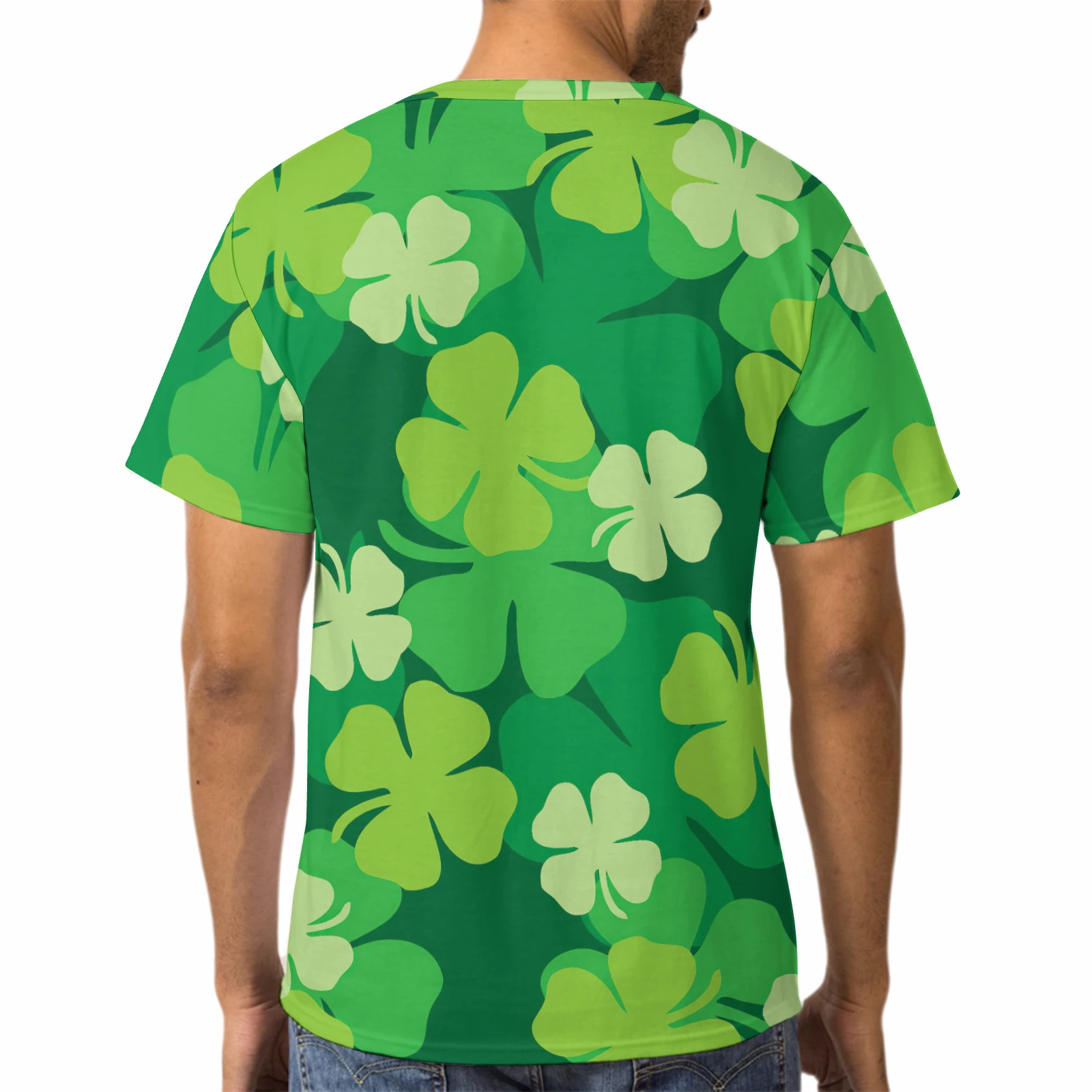 Unisex Crew Neck Short Sleeve Tee in Green Clover Scatter print – back view on model