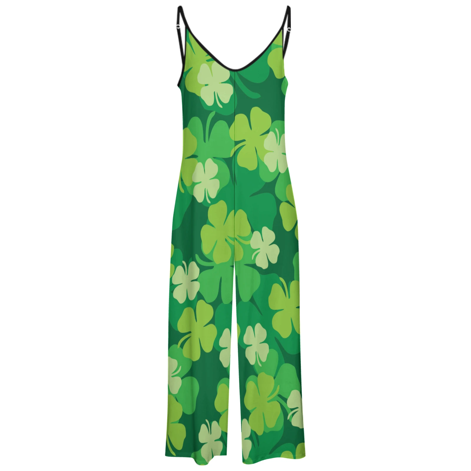 Women's Wide Leg Cami Jumpsuit in Green Clover Scatter print – front view