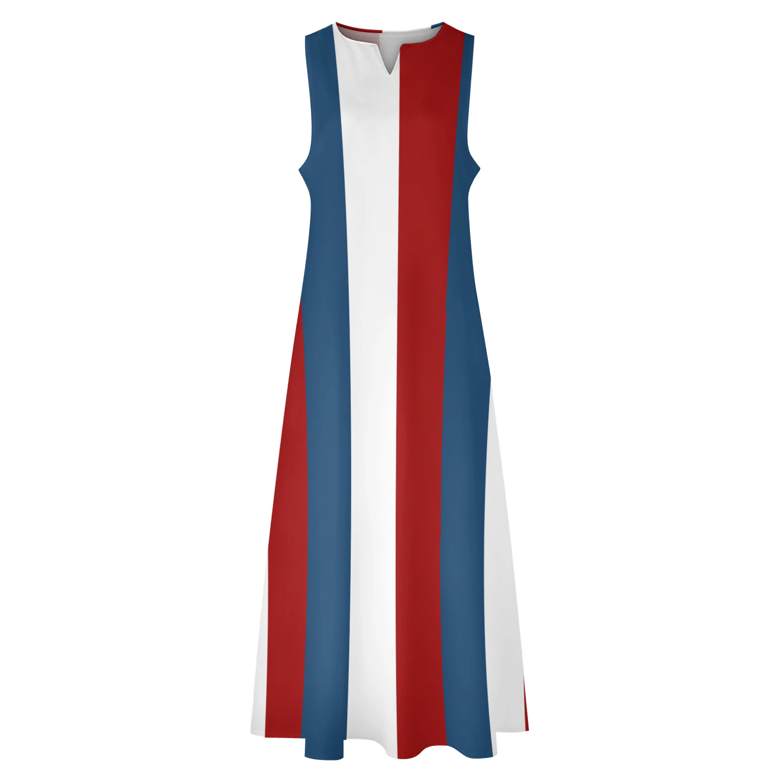 Women's Sleeveless Notched-Neck Maxi Dress in Tricolor Vertical Stripes print – front view
