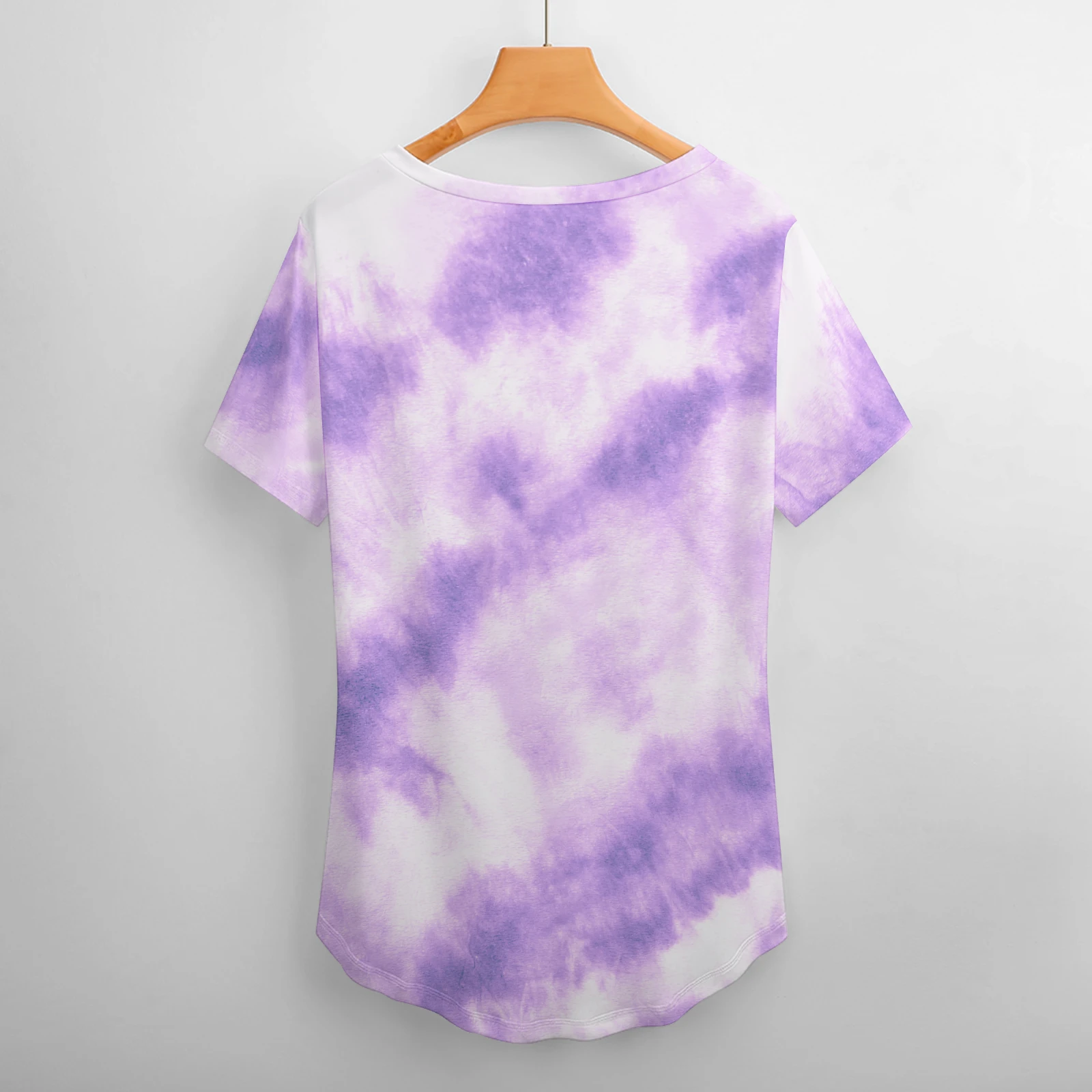 Women's V-Neck Short Sleeve Tee in Lavender Tie-Dye print – back view on a hanger
