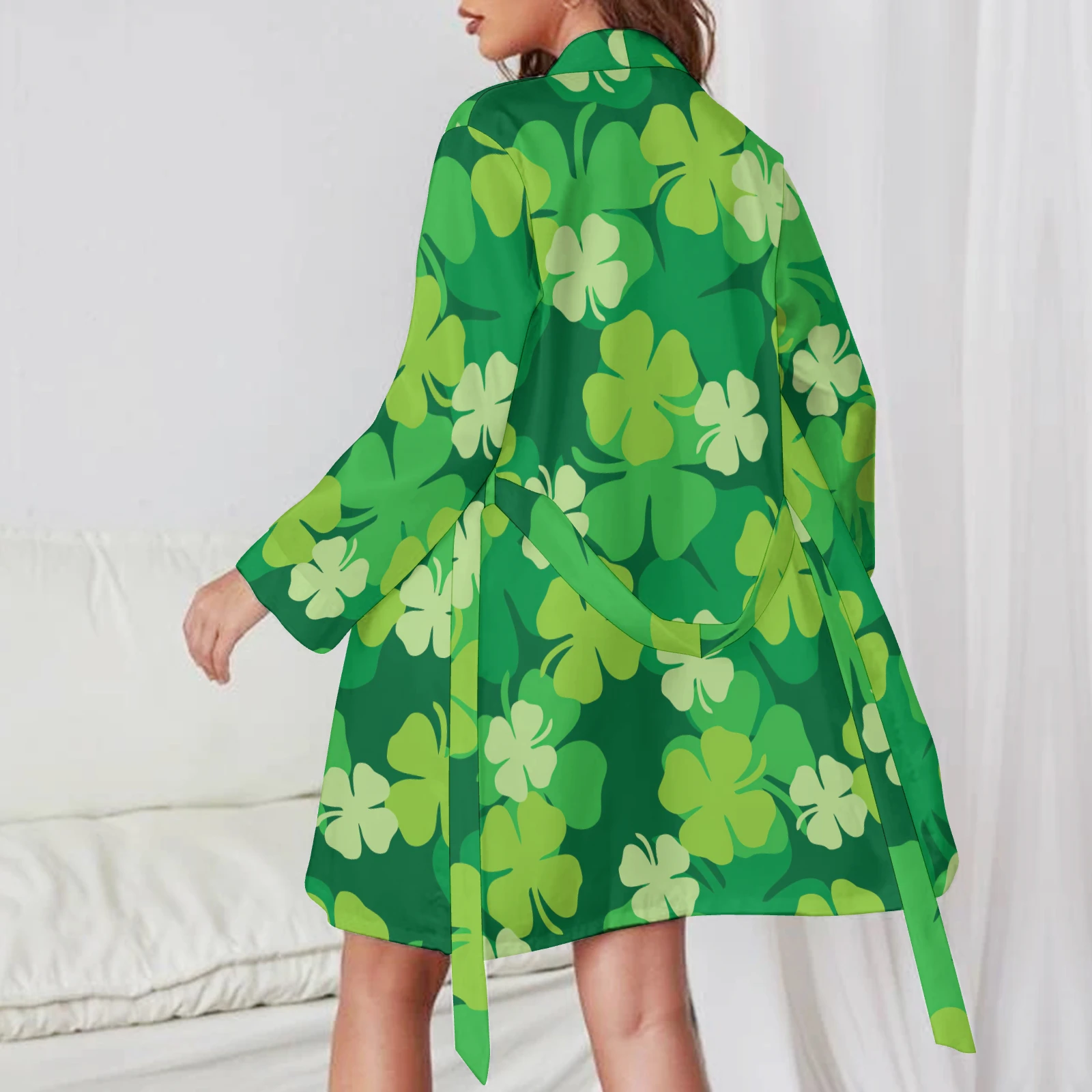 Women's Long Sleeve Belted Robe in Green Clover Scatter print – back lifestyle view