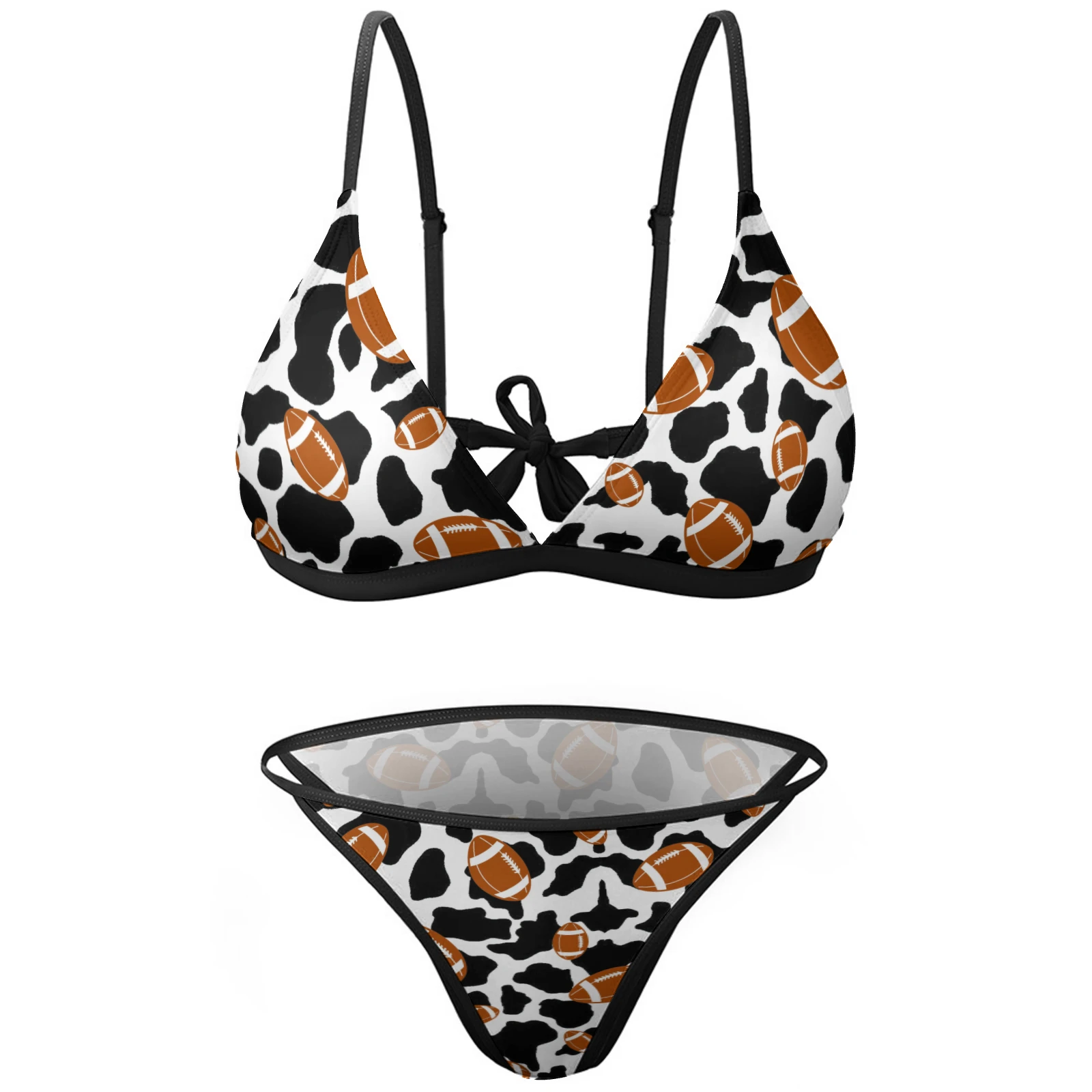 Women's Adjustable Strap Triangle Bikini Set in Footballs And Cow Spots print – Front product view