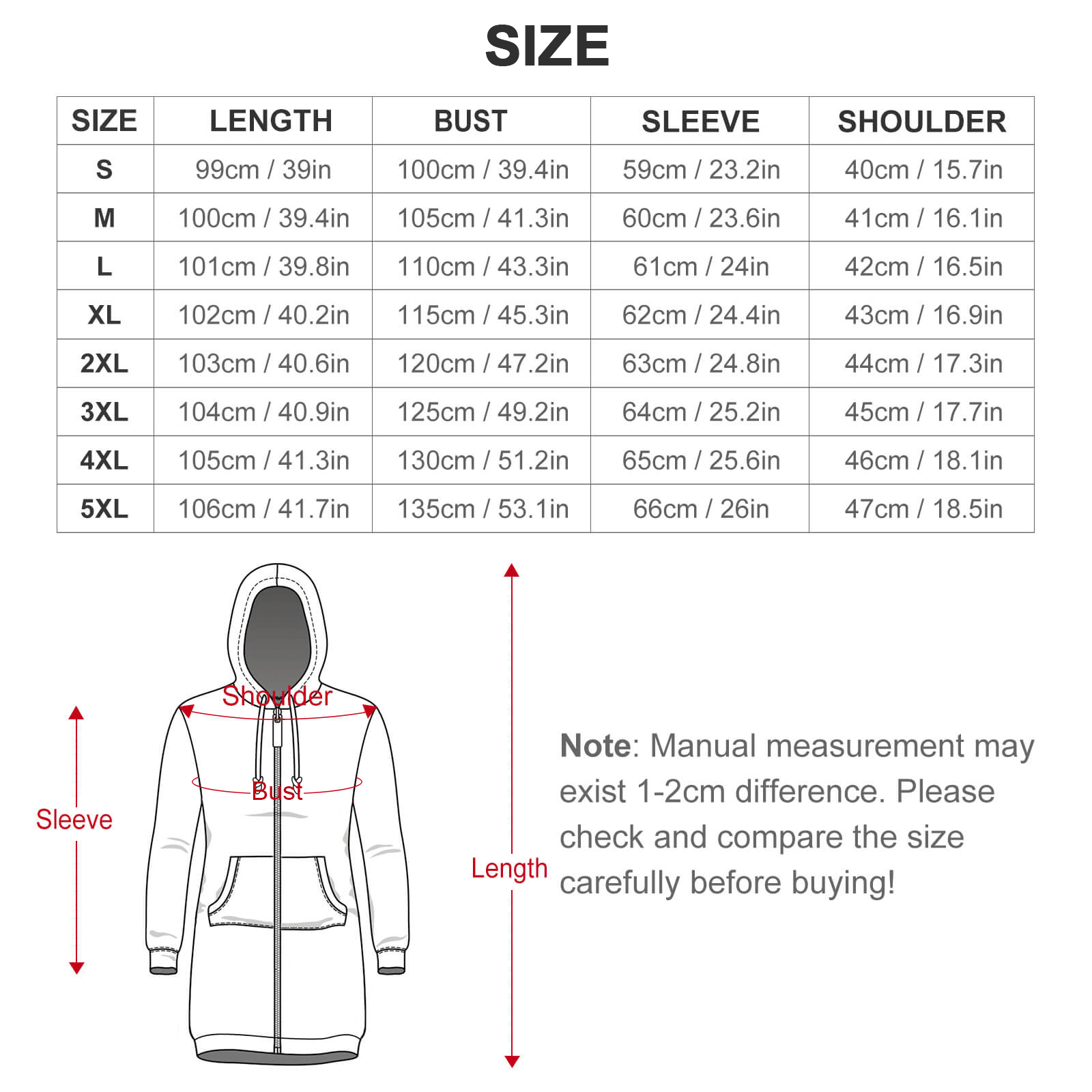 Women's Longline Full Zip Hoodie – size chart