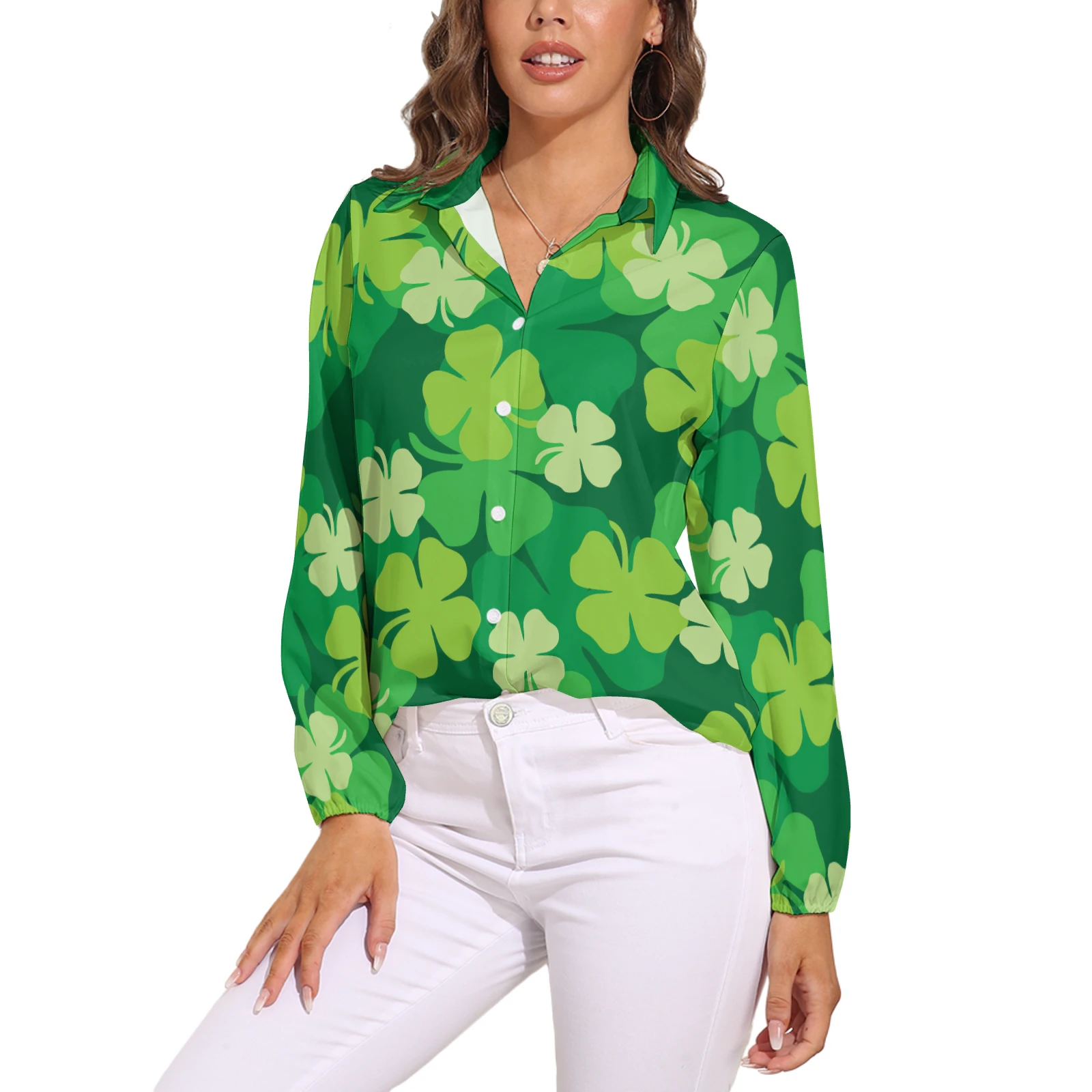 Women's Relaxed Long Sleeve Button-Down Shirt in Green Clover Scatter print – front view on model
