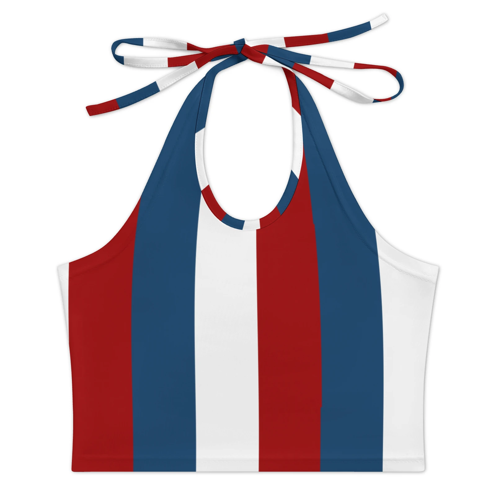 Women's Halter Tie Crop Top in Tricolor Vertical Stripes print – front flat lay