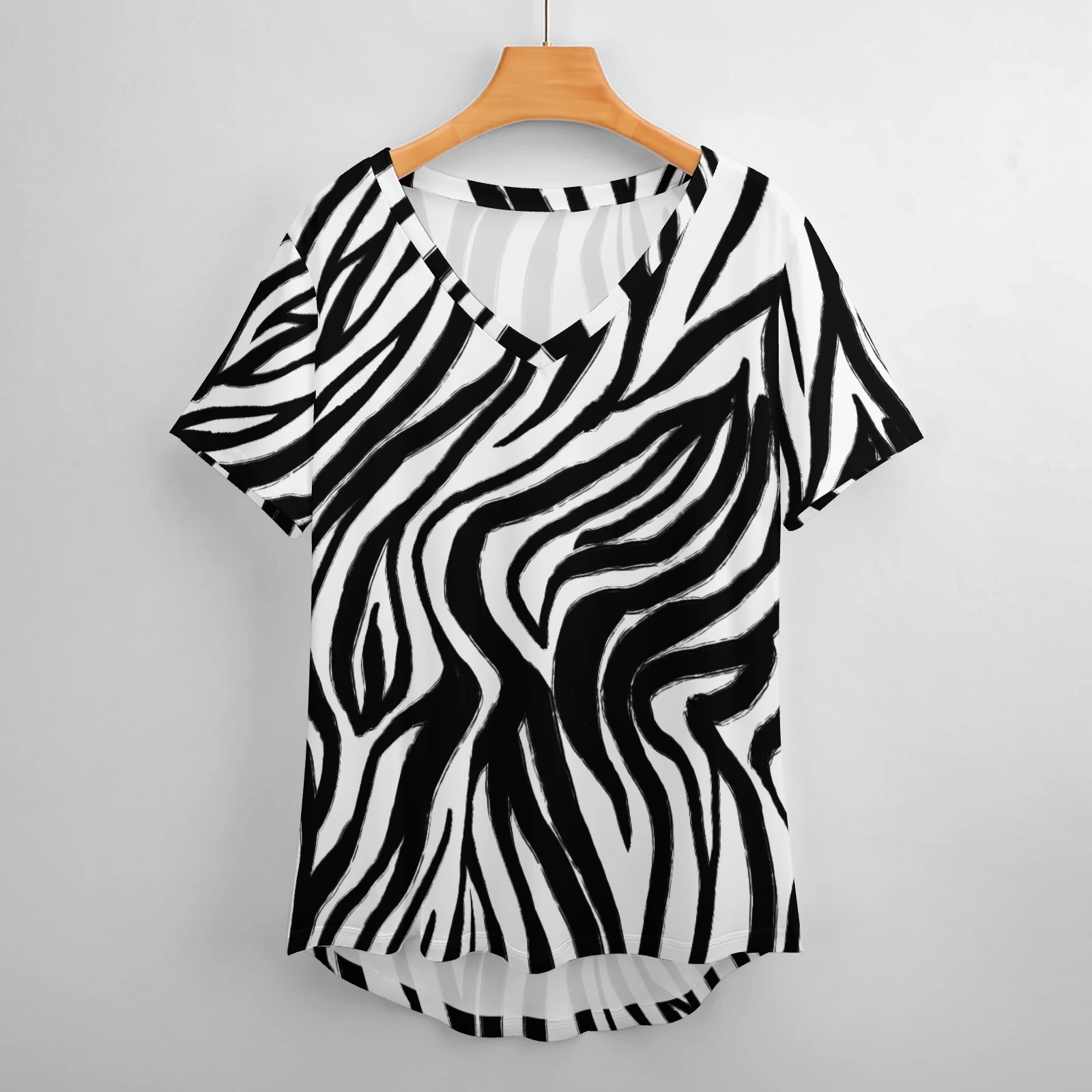 Women's V-Neck Short Sleeve Tee in Bold Zebra Stripes print – front view on hanger