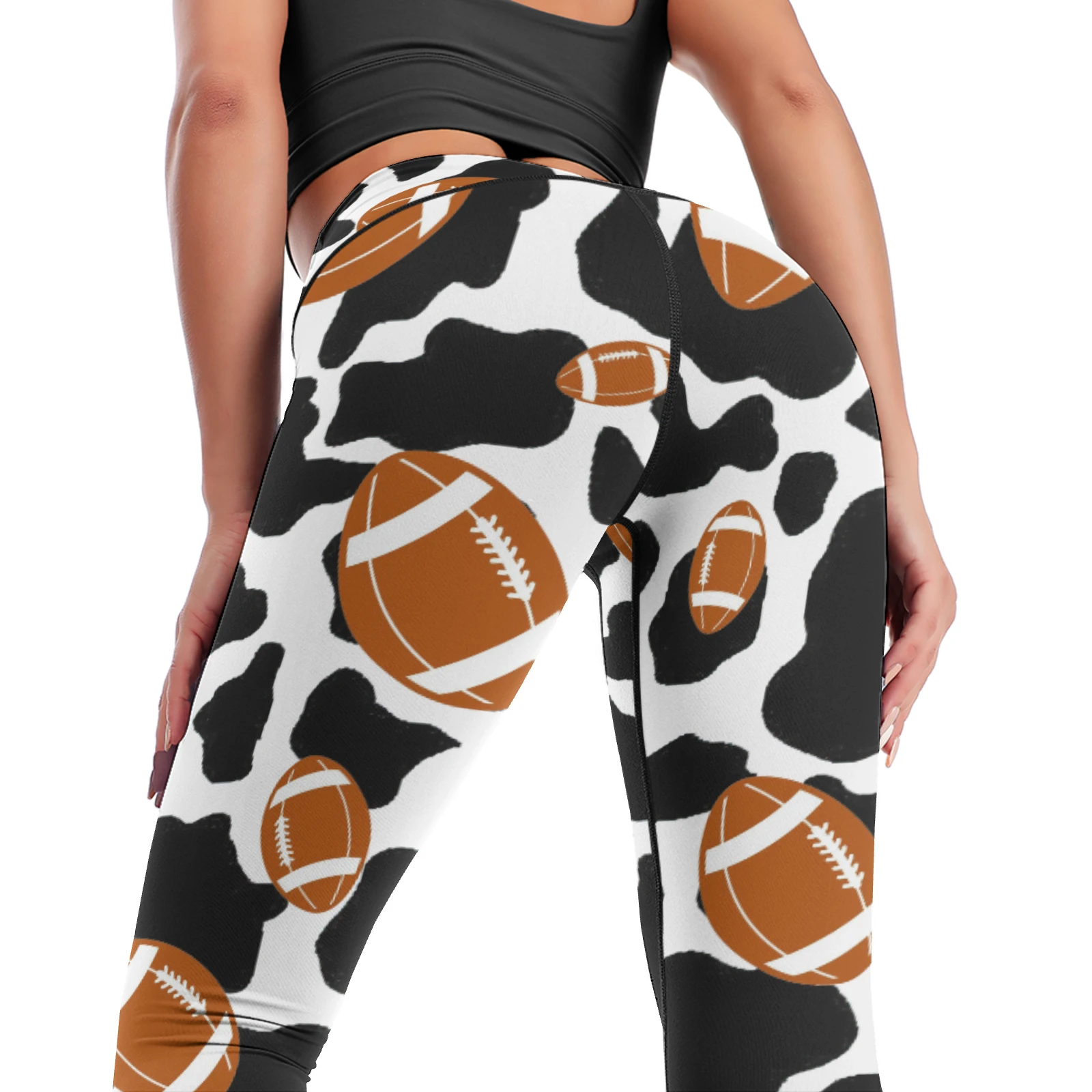Women's High-Waist Yoga Leggings in Footballs And Cow Spots print – back close-up