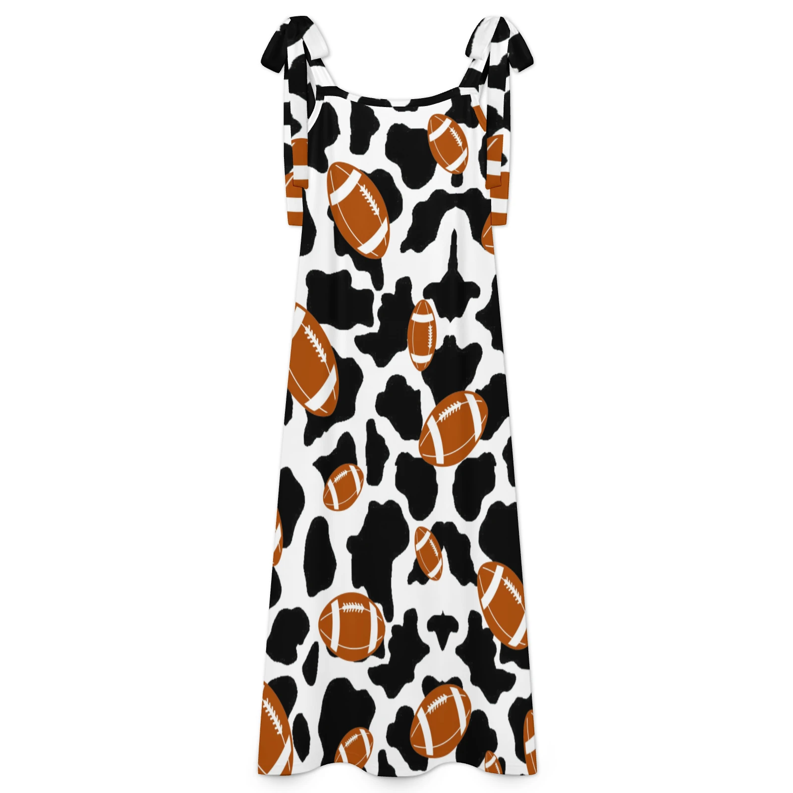 Women's Tie-Shoulder Maxi Dress in Footballs And Cow Spots print – front product view