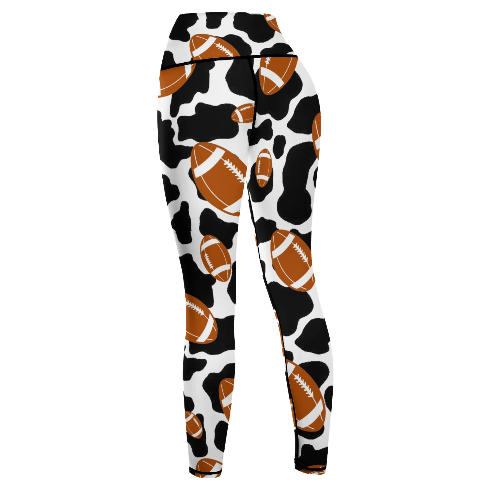 Women's High-Waist Yoga Leggings in Footballs And Cow Spots print – back view