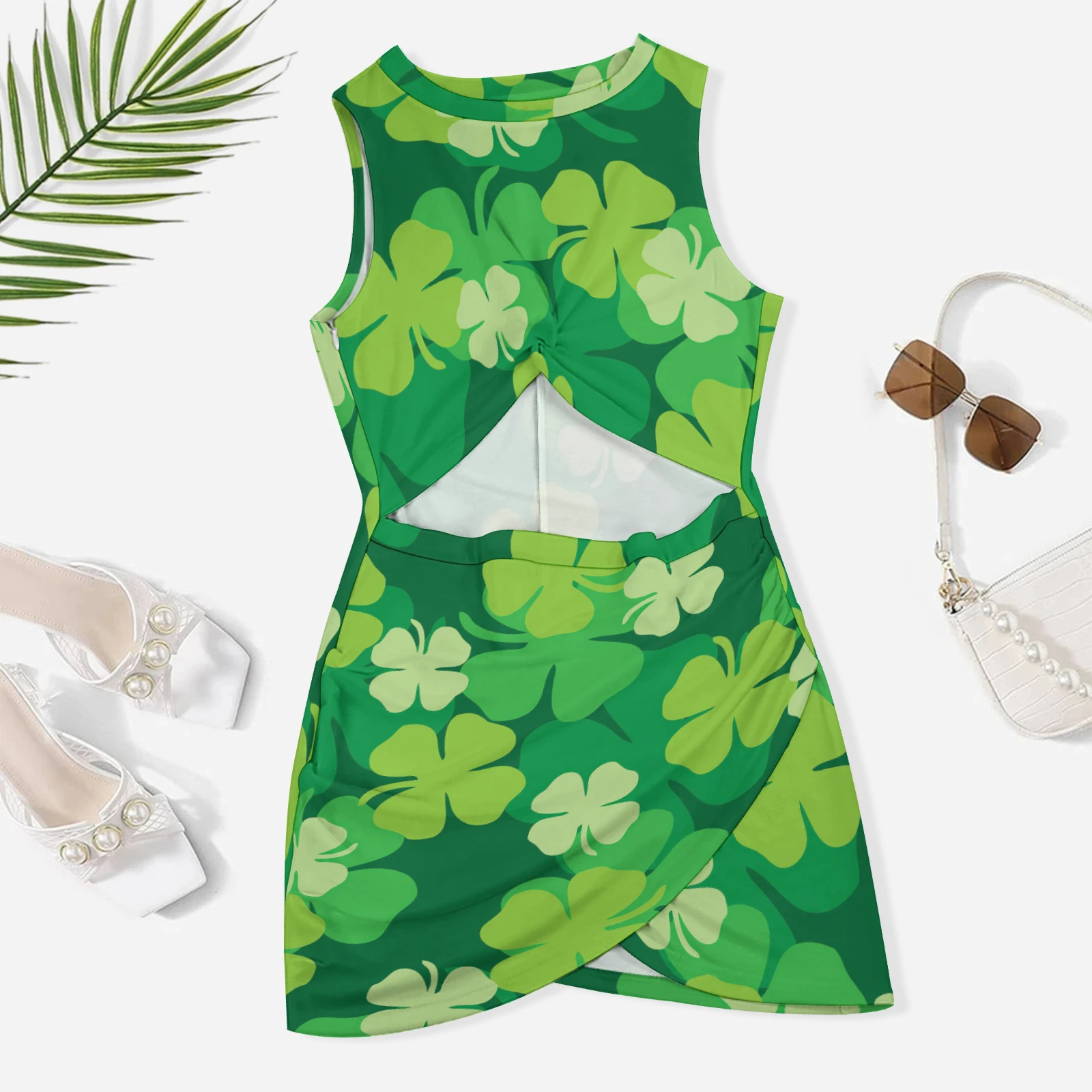 Women's Twist Front Cutout Bodycon Dress in Green Clover Scatter print – Styled front flat lay